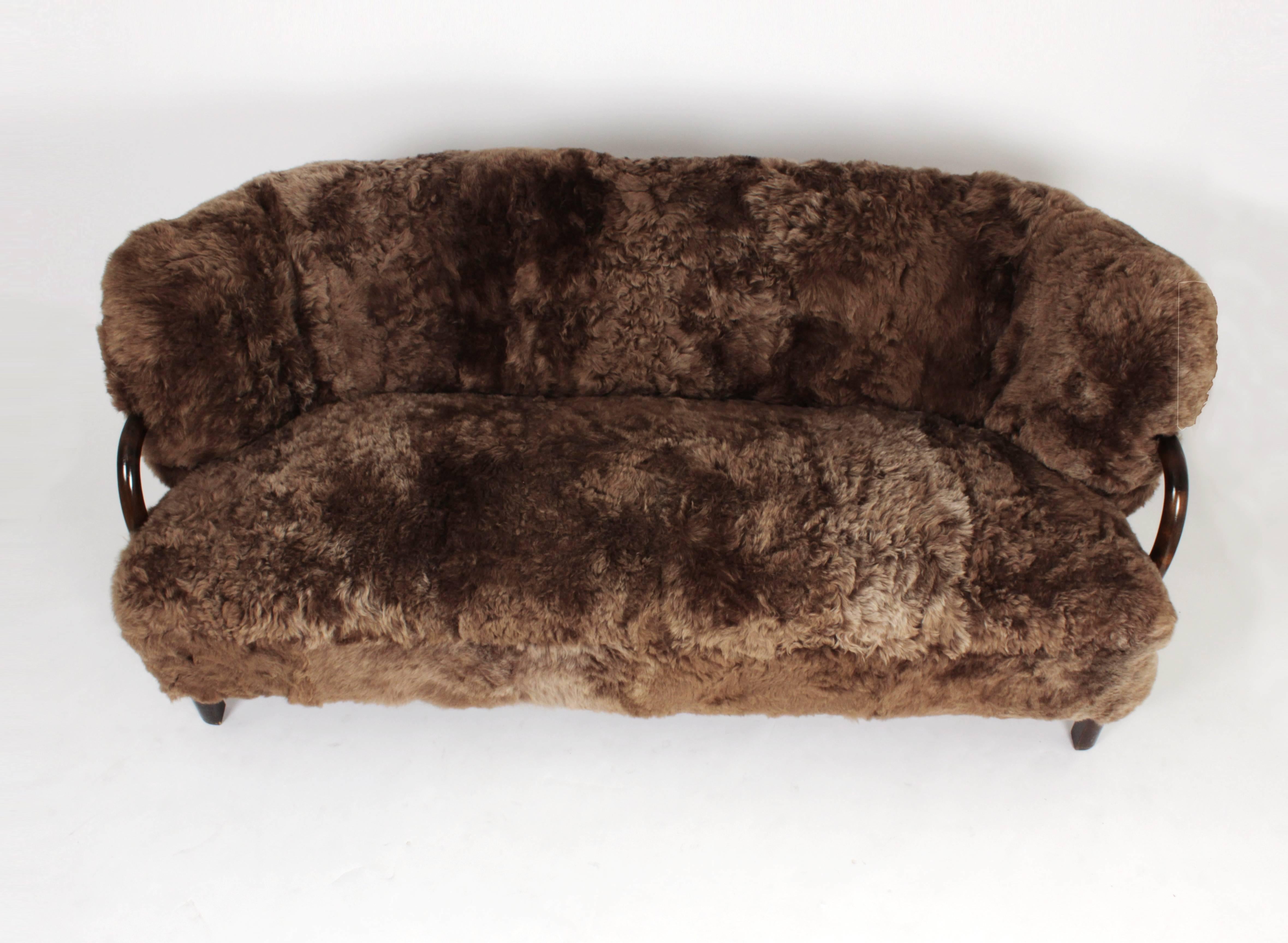 Mid-20th Century Three-Seat Sofa in Brown Icelandic Sheepskin by Viggo Boesen, Denmark