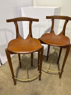 Pair of Spanish Wood and Leather Bar Stools, Inspired by Oscar Tusquets