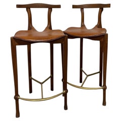 Pair of Spanish Wood and Leather Bar Stools, Inspired by Oscar Tusquets