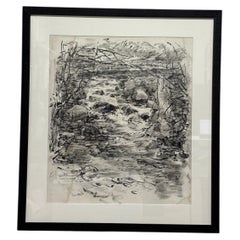 Vintage Expressionist Landscape Ink Drawing on Paper, Framed