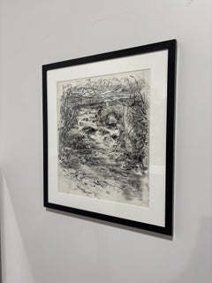 Vintage Expressionist Landscape Ink Drawing on Paper, Framed