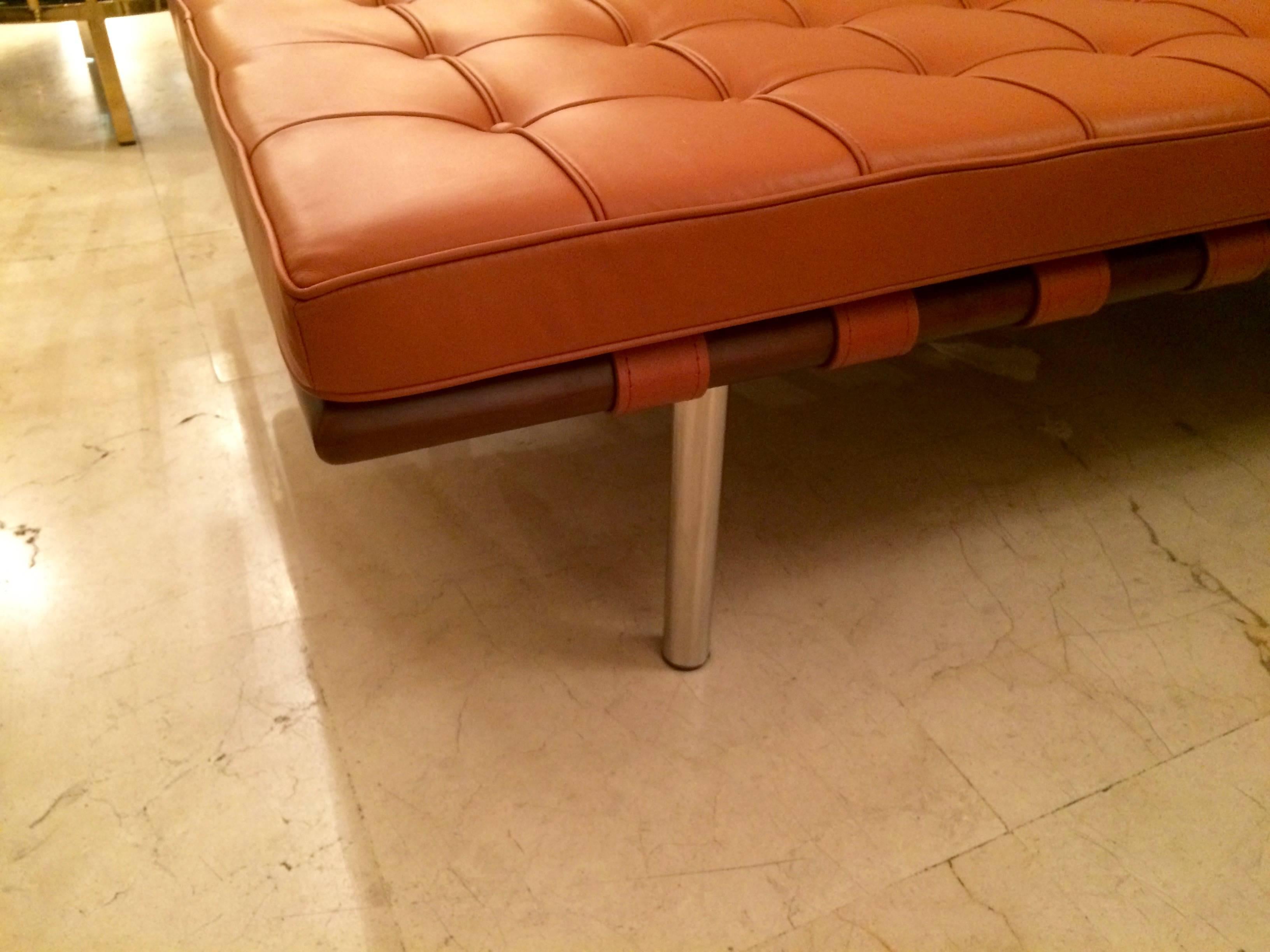 Wonderful Barcelona daybed after Ludwig Mies van der Rohe made during the 1980s.
Newly recovered in dark orange leather.
Perfect condition.
 