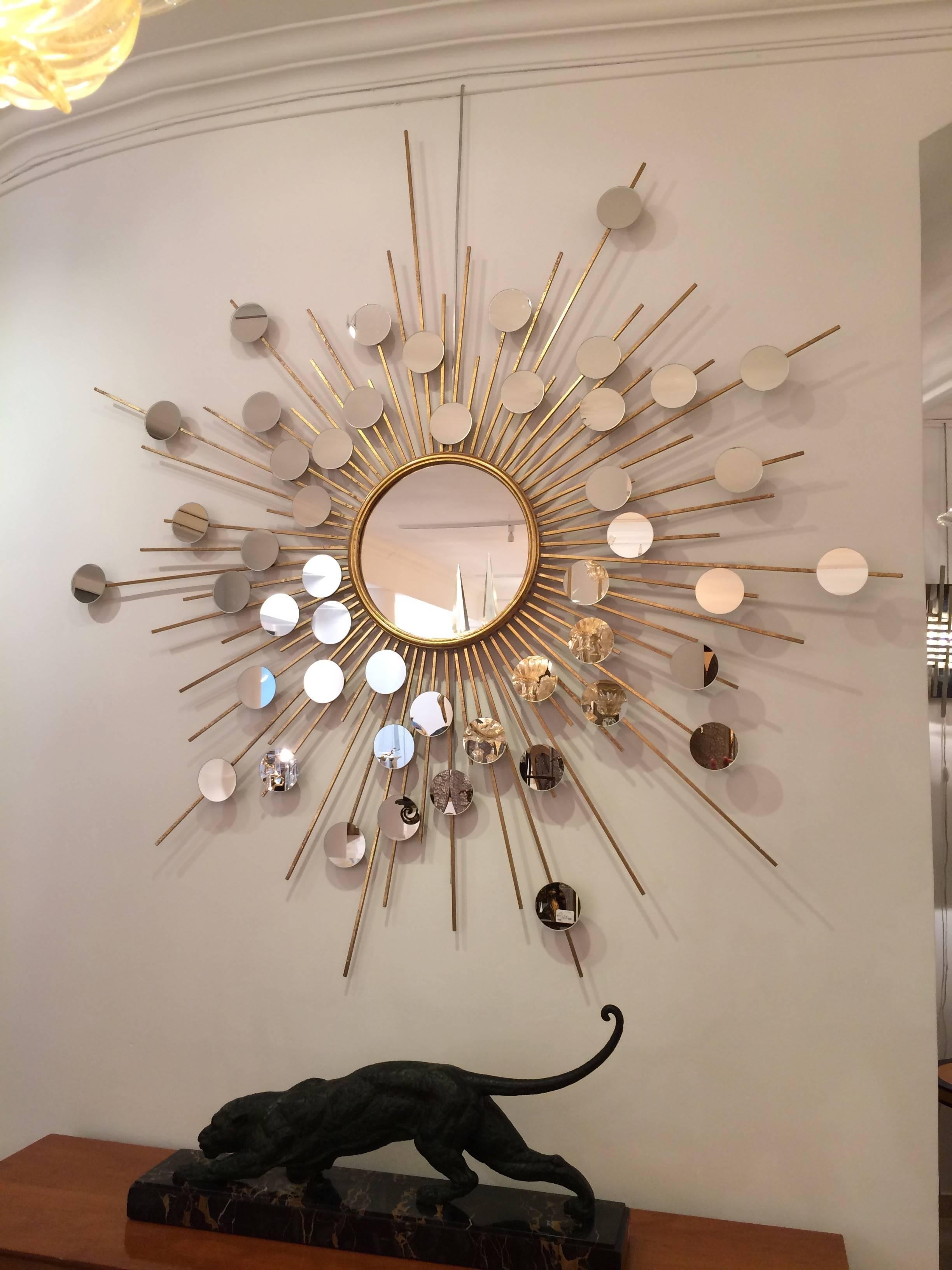 Gilt Metal Very Large Sun Mirror in Gilded Metal For Sale