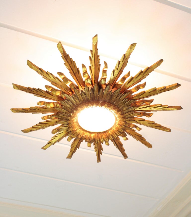 Large 1930s Baroque Gold Leaf Giltwood Sunburst Ceiling Light Fixture