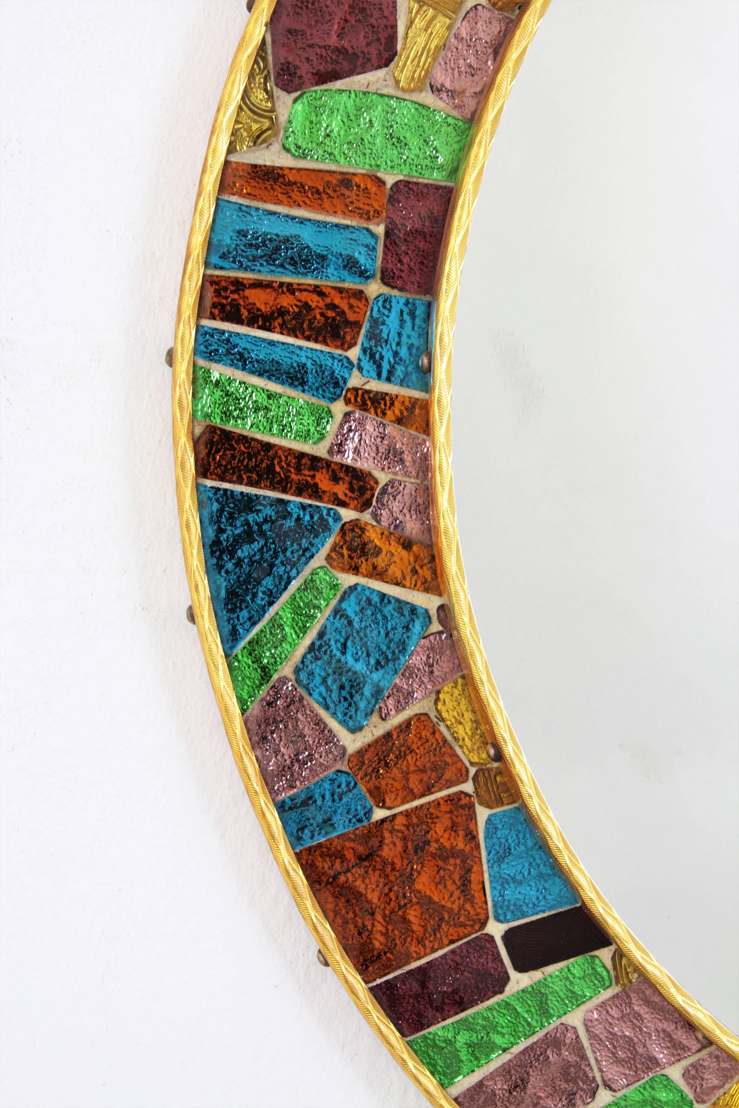 Mid-Century Modern Spanish 1960s Midcentury Multicolor Glass Mosaic Circular Mirror