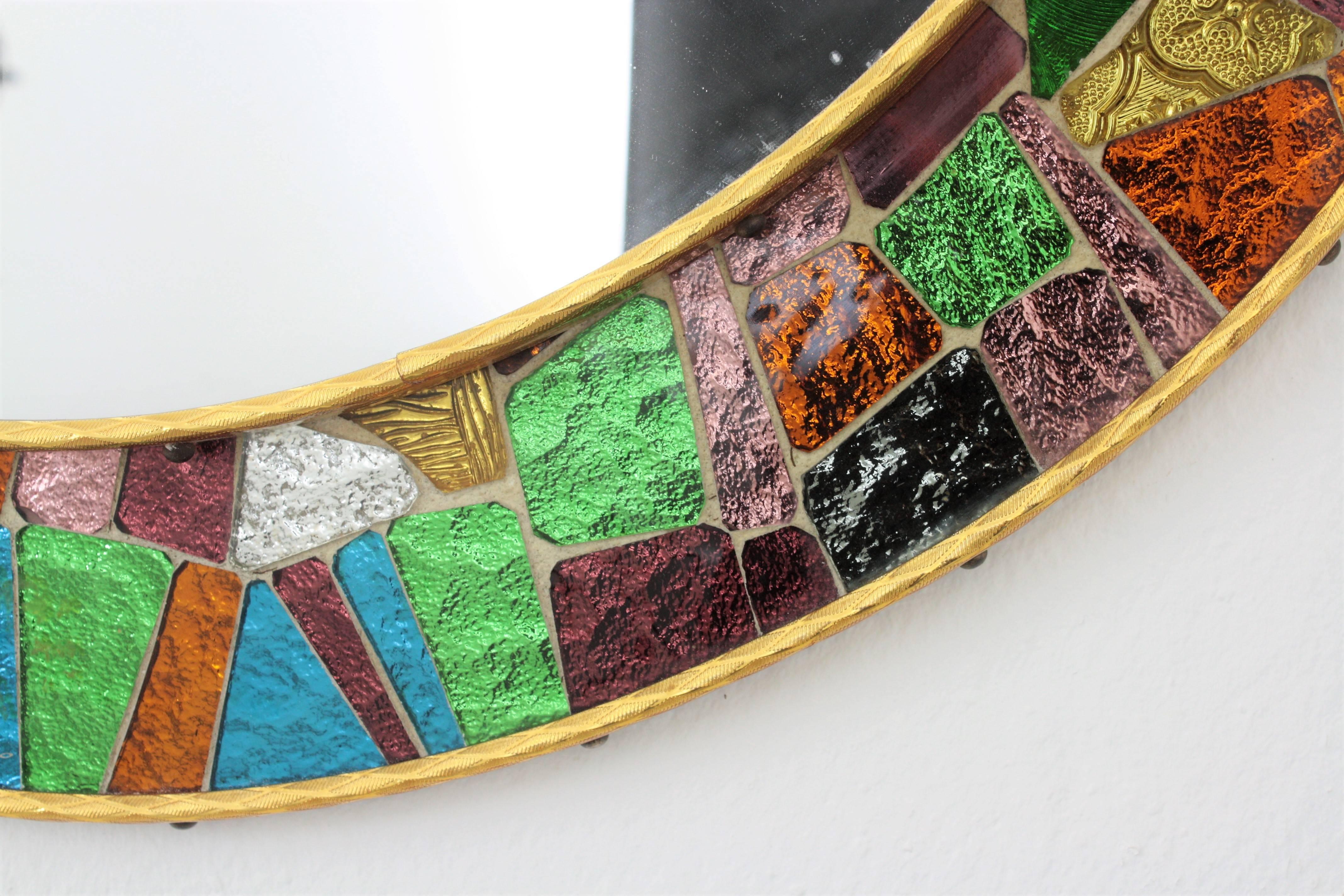 20th Century Spanish 1960s Midcentury Multicolor Glass Mosaic Circular Mirror