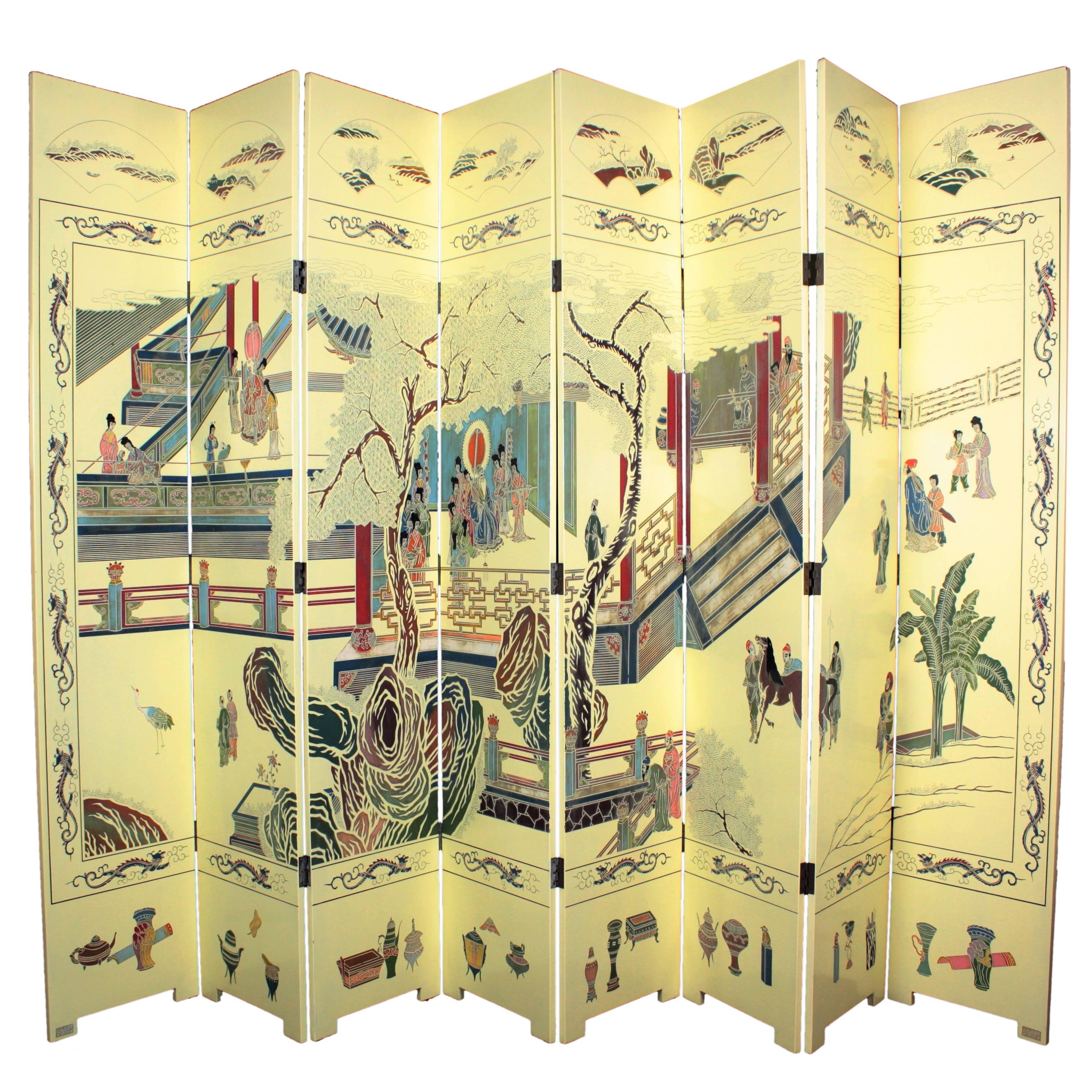 1950s Eight-Panel Ivory Lacquered Chinoiserie Folding Screen or Room Divider