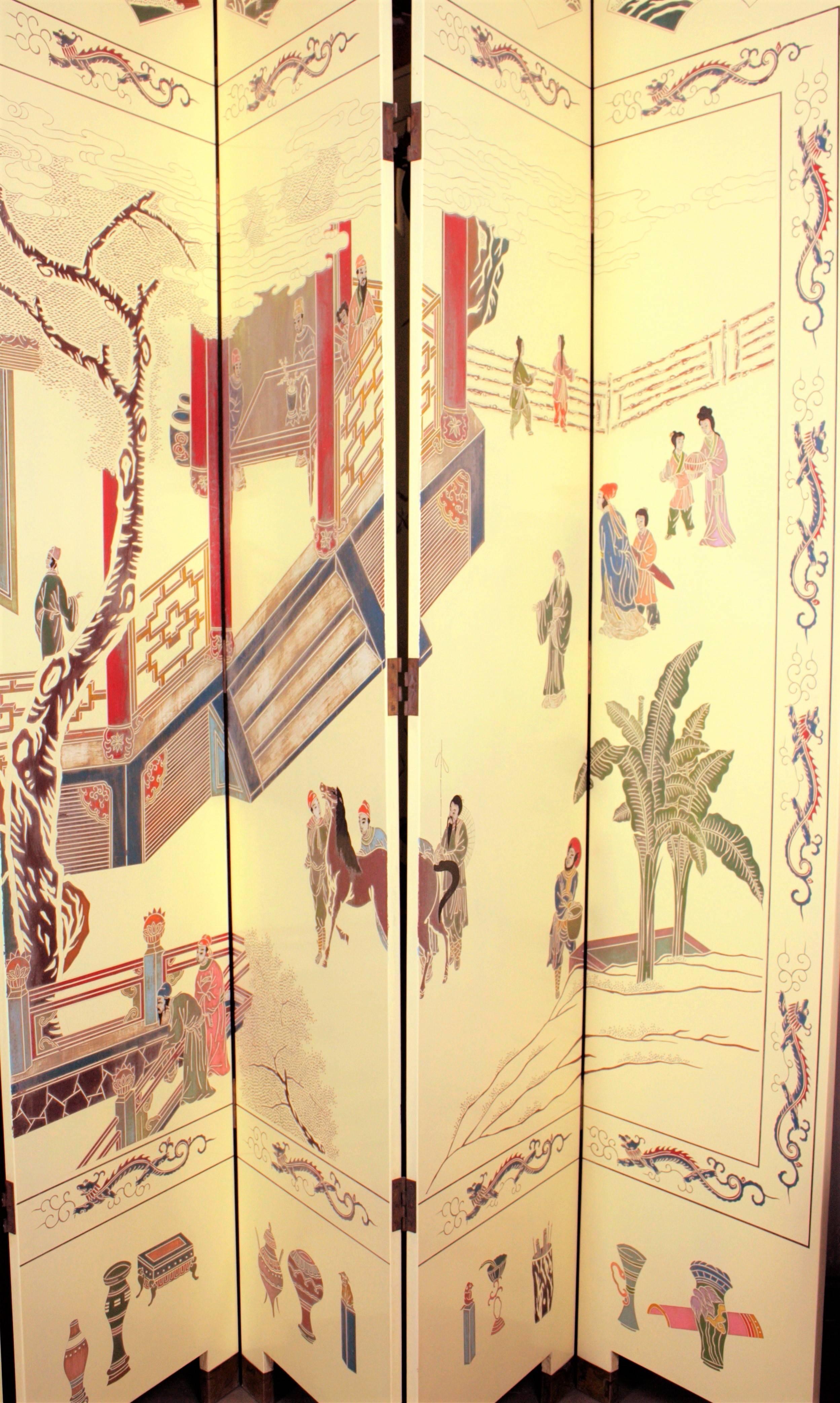 Brass 1950s Eight-Panel Ivory Lacquered Chinoiserie Folding Screen or Room Divider