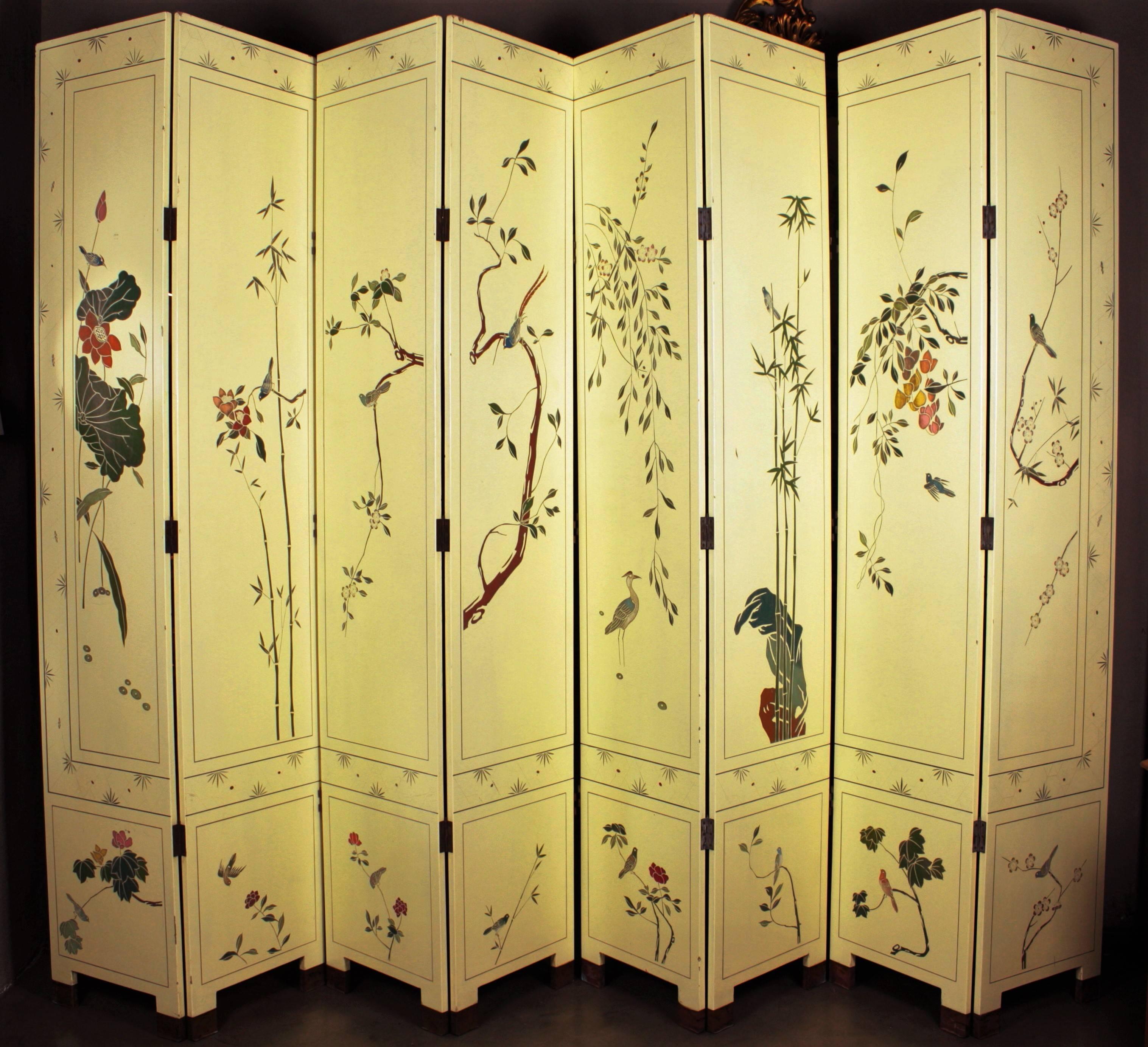1950s Eight-Panel Ivory Lacquered Chinoiserie Folding Screen or Room Divider 5