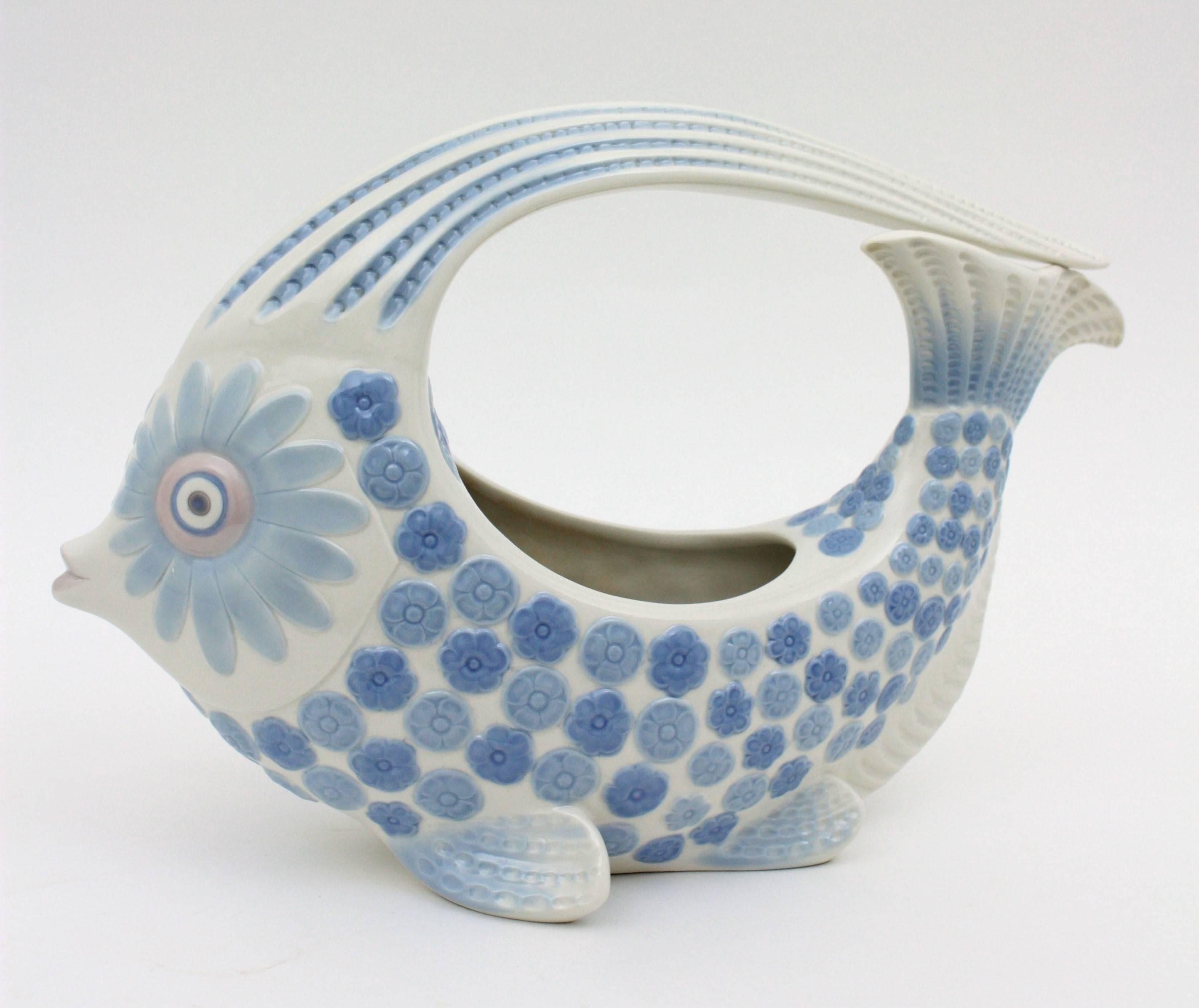 Spanish Lladró Porcelain Blue and White Fish Figure Vase / Centerpiece , Spain, 1970s