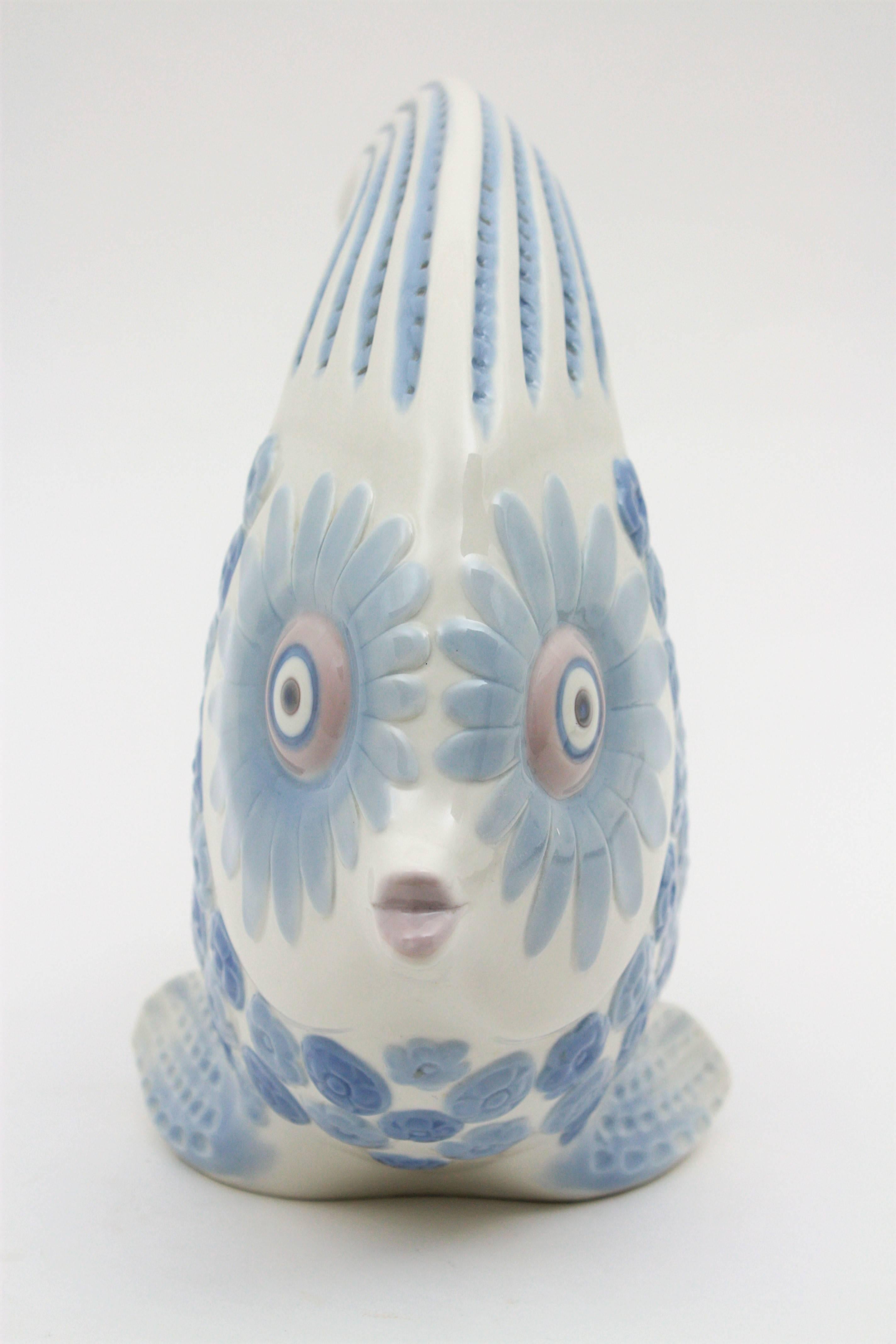 Molded Lladró Porcelain Blue and White Fish Figure Vase / Centerpiece , Spain, 1970s