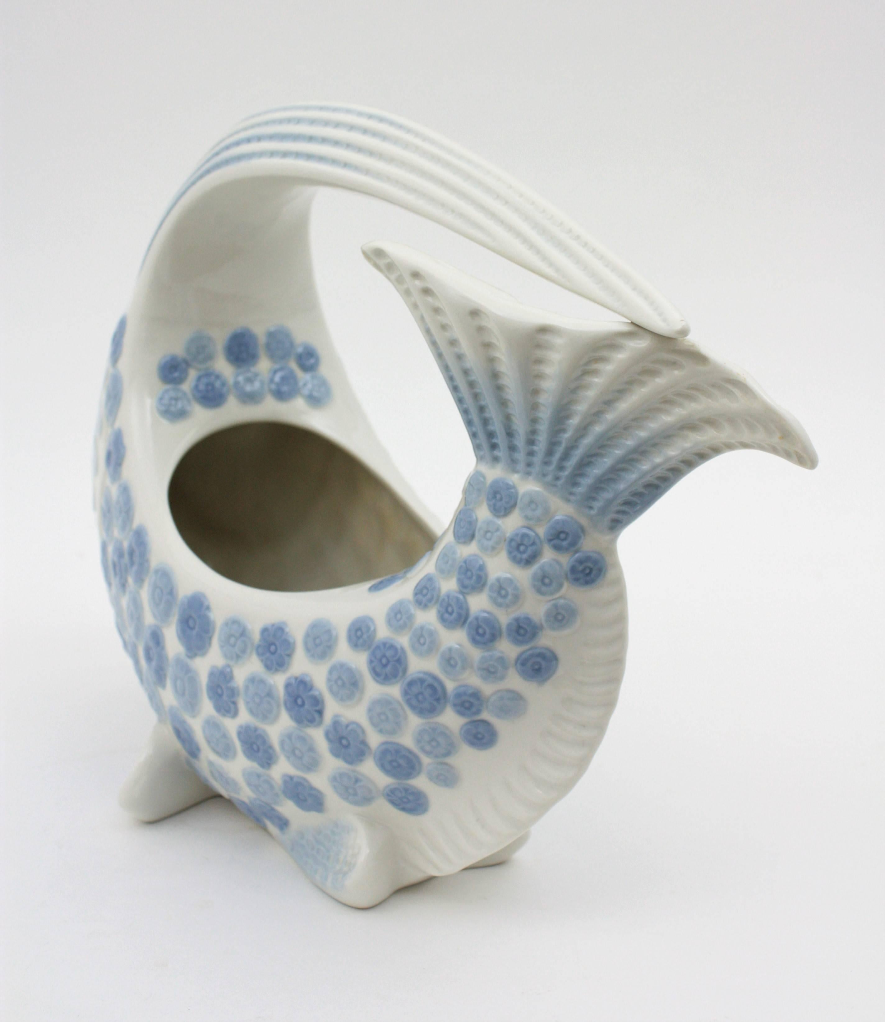 20th Century Lladró Porcelain Blue and White Fish Figure Vase / Centerpiece , Spain, 1970s