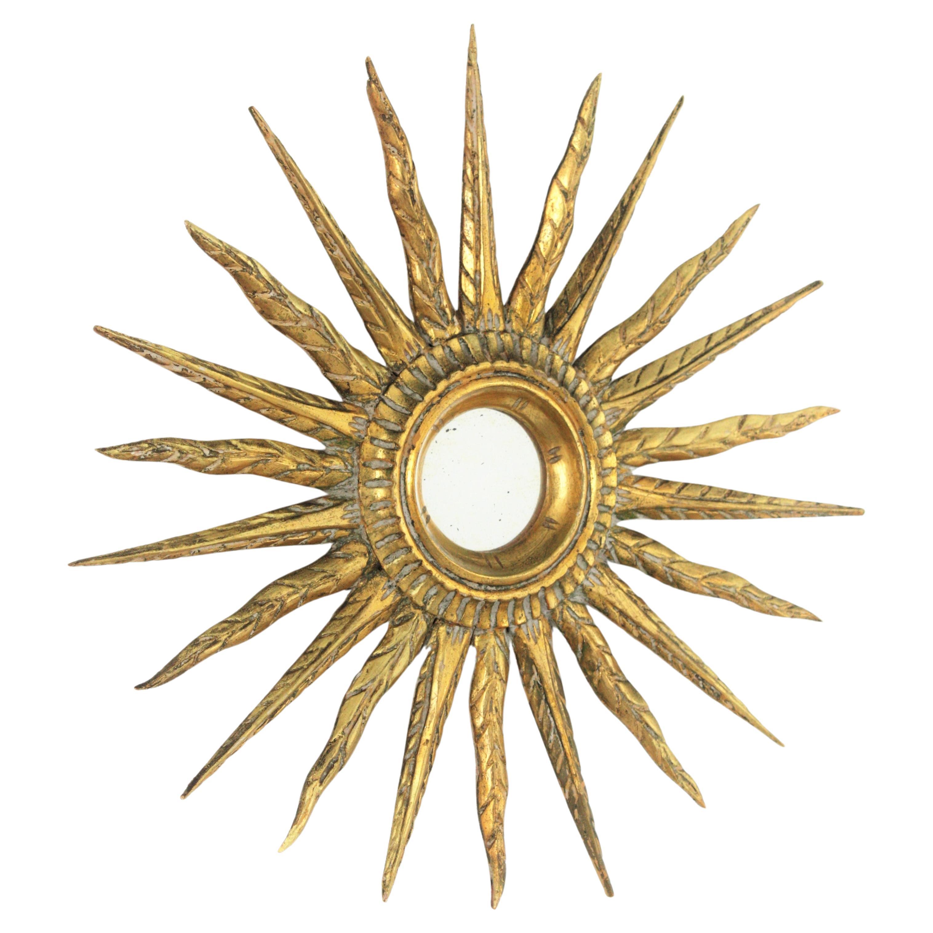 Spanish Carved Giltwood Starburst Sunburst Mirror For Sale