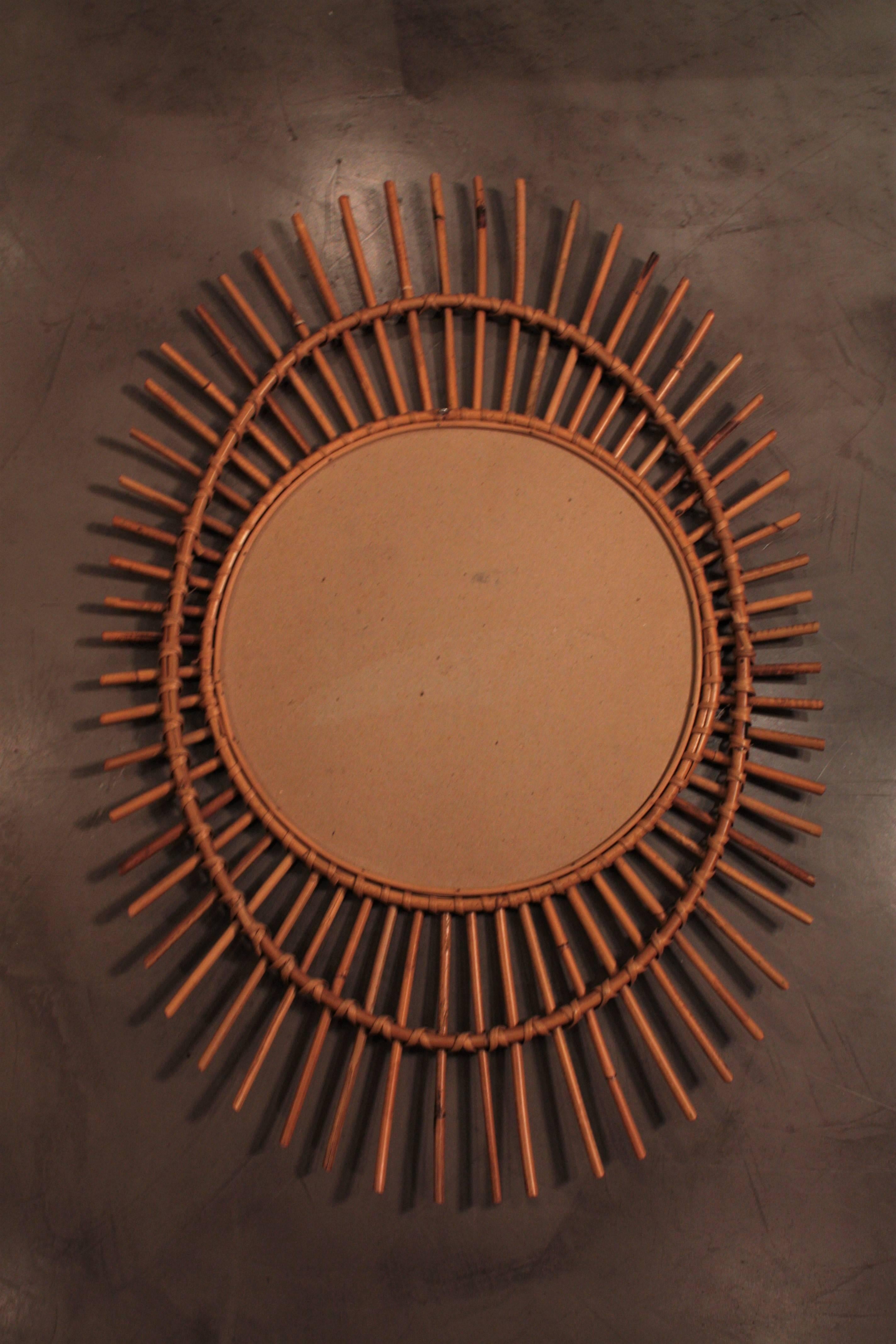 Wicker Mid-Century Modern French Riviera Rattan Asymmetric Oval Sunburst Mirror