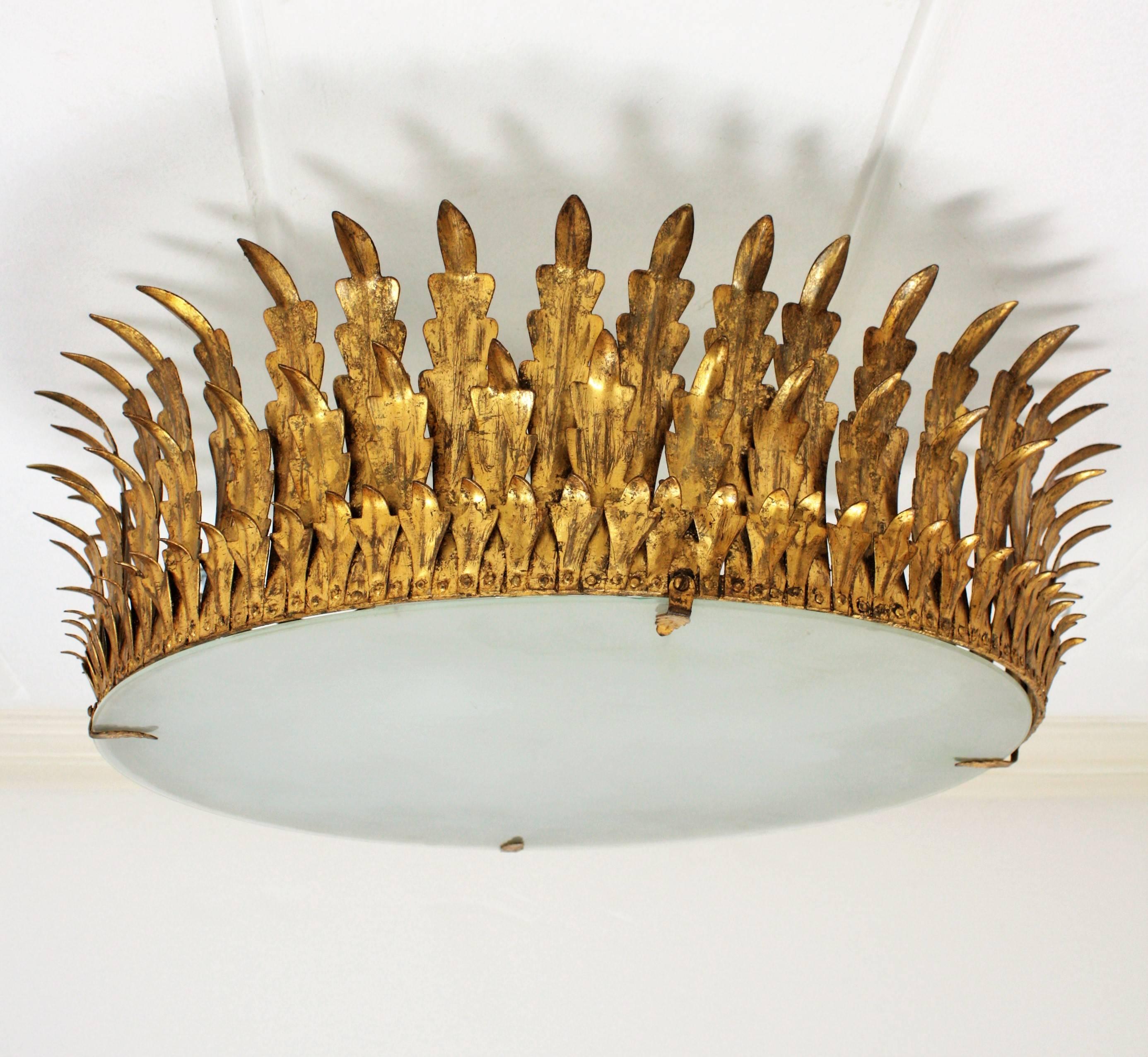 Spanish Two Extra Large Neoclassical Gilt Iron Sunburst Crown Ceiling Light Fixtures