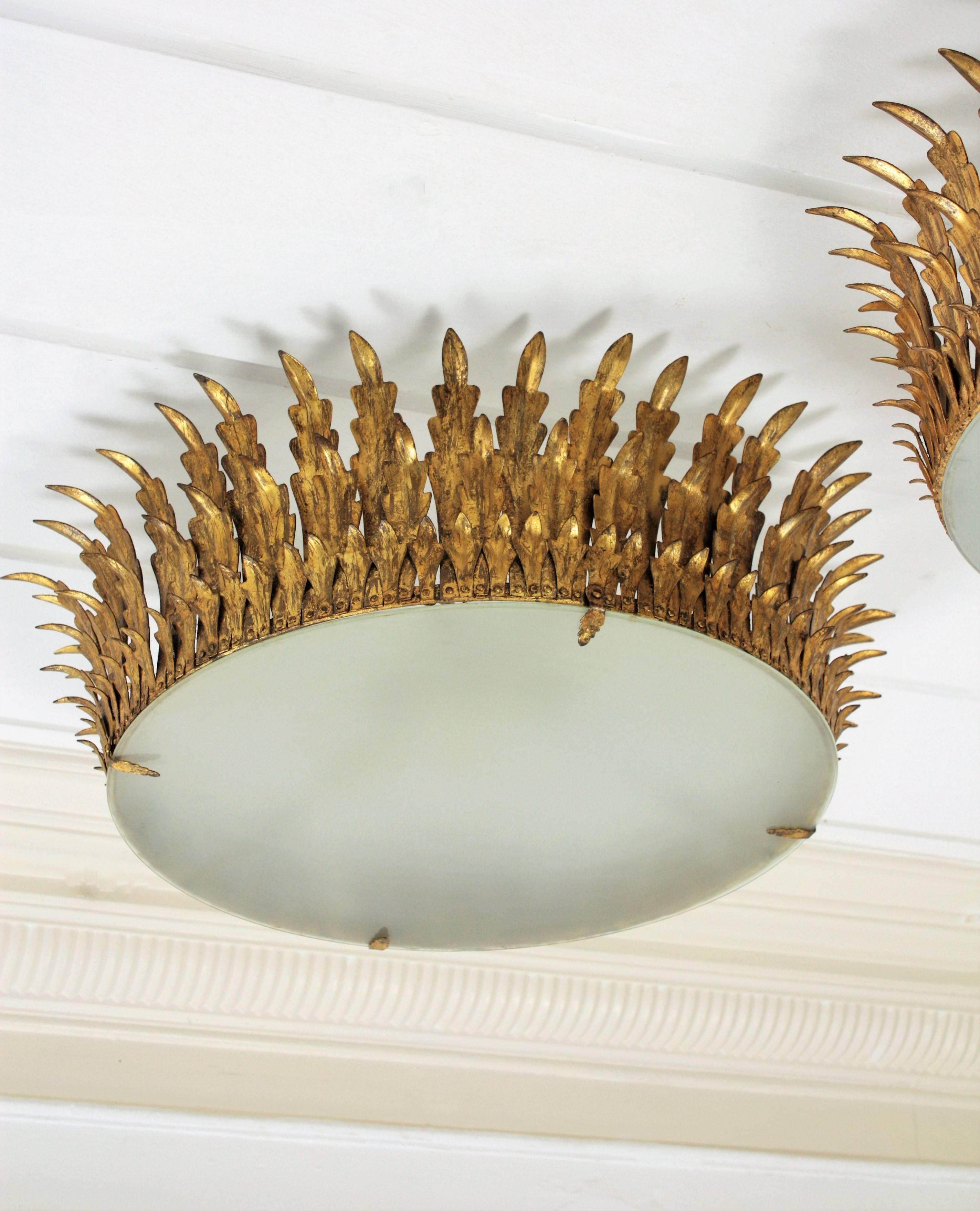 Mid-Century Modern Two Extra Large Neoclassical Gilt Iron Sunburst Crown Ceiling Light Fixtures