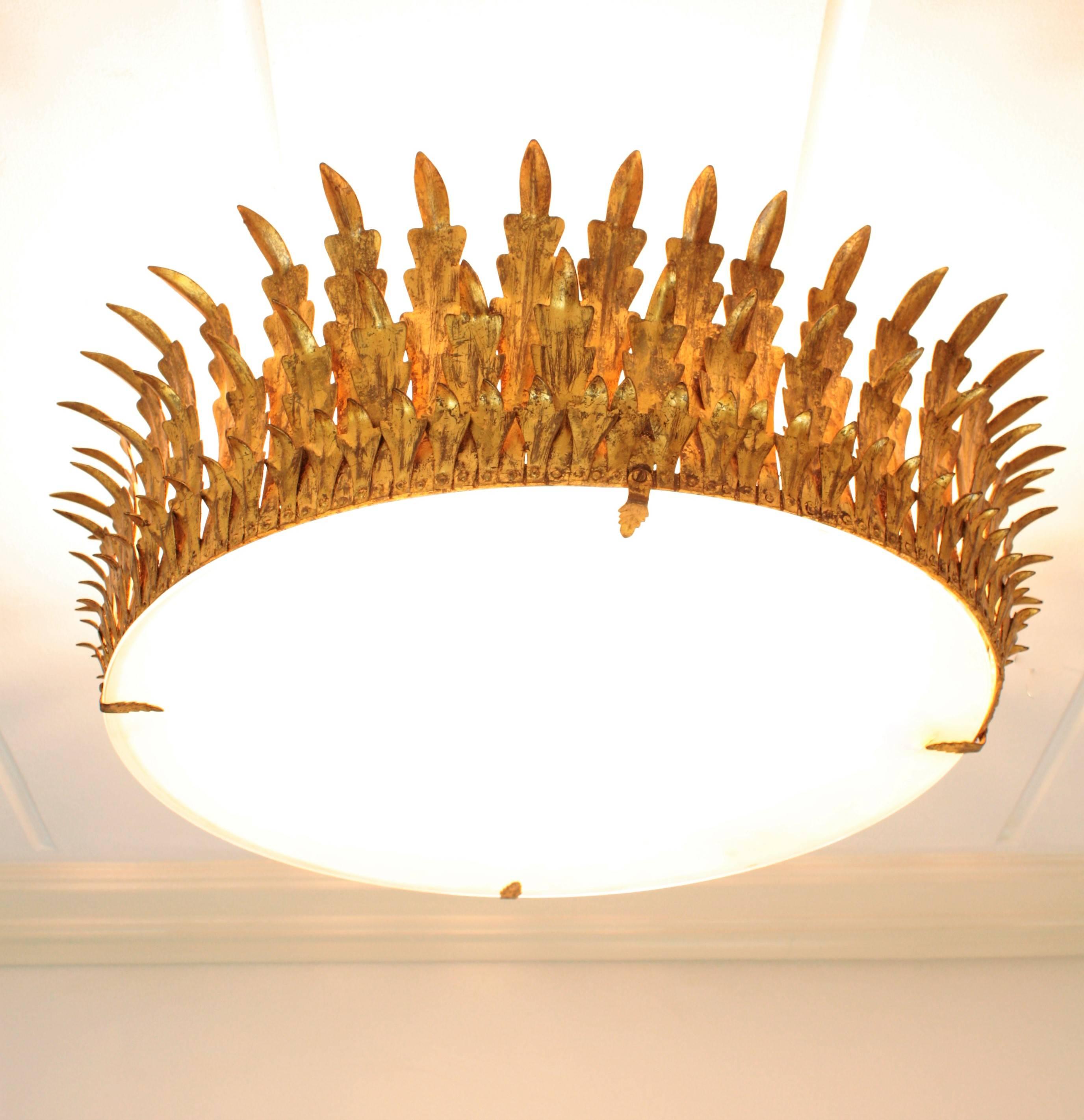 Two Extra Large Neoclassical Gilt Iron Sunburst Crown Ceiling Light Fixtures 3