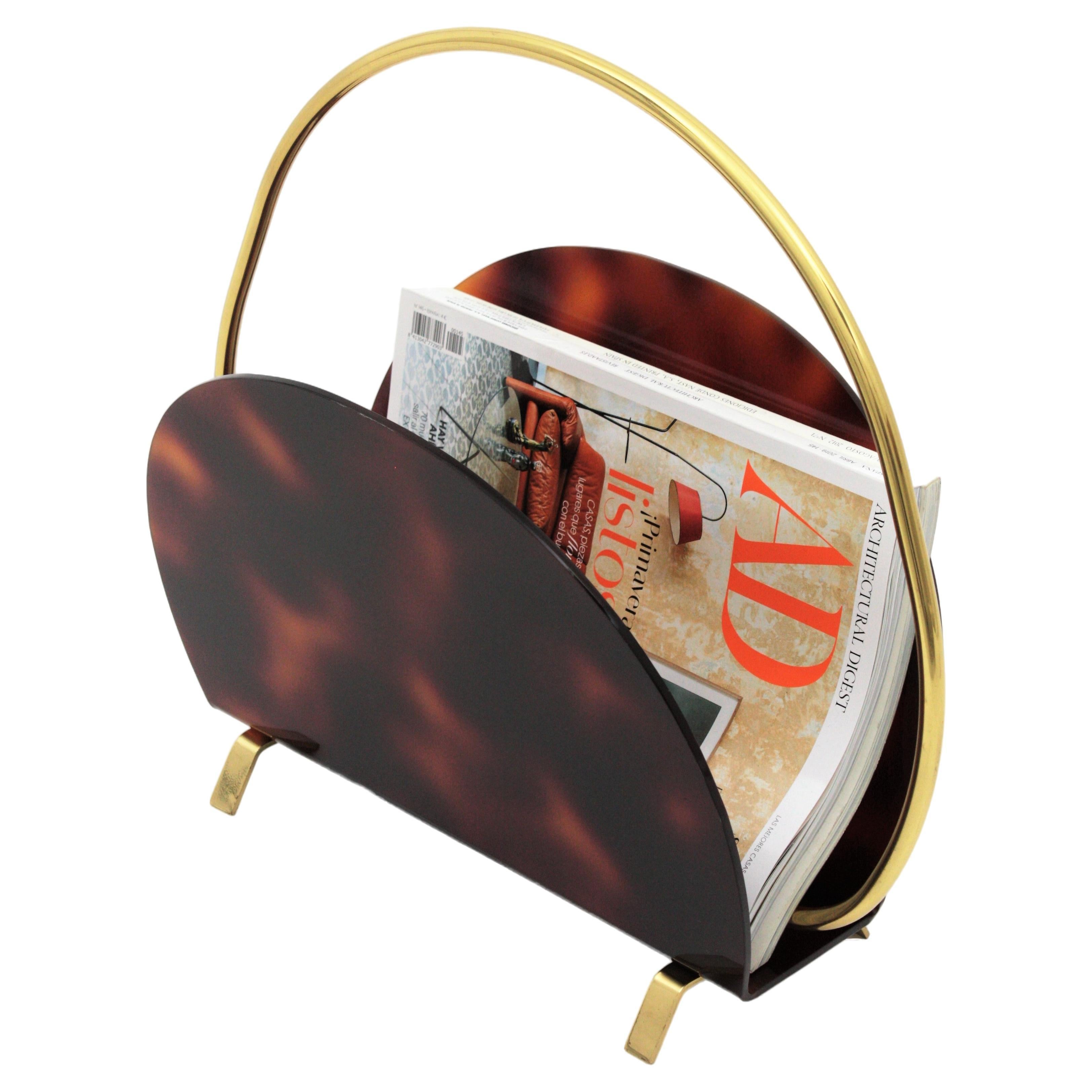 Italian Modern Magazine Rack in Faux Tortoise Shell Lucite and Brass, 1970s For Sale