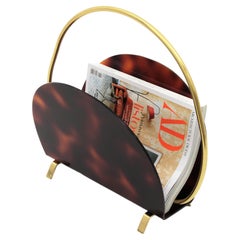 Vintage Italian Modern Magazine Rack in Faux Tortoise Shell Lucite and Brass, 1970s