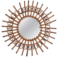 French Riviera Rattan Sunburst Mirror with Circles Design, 1960s