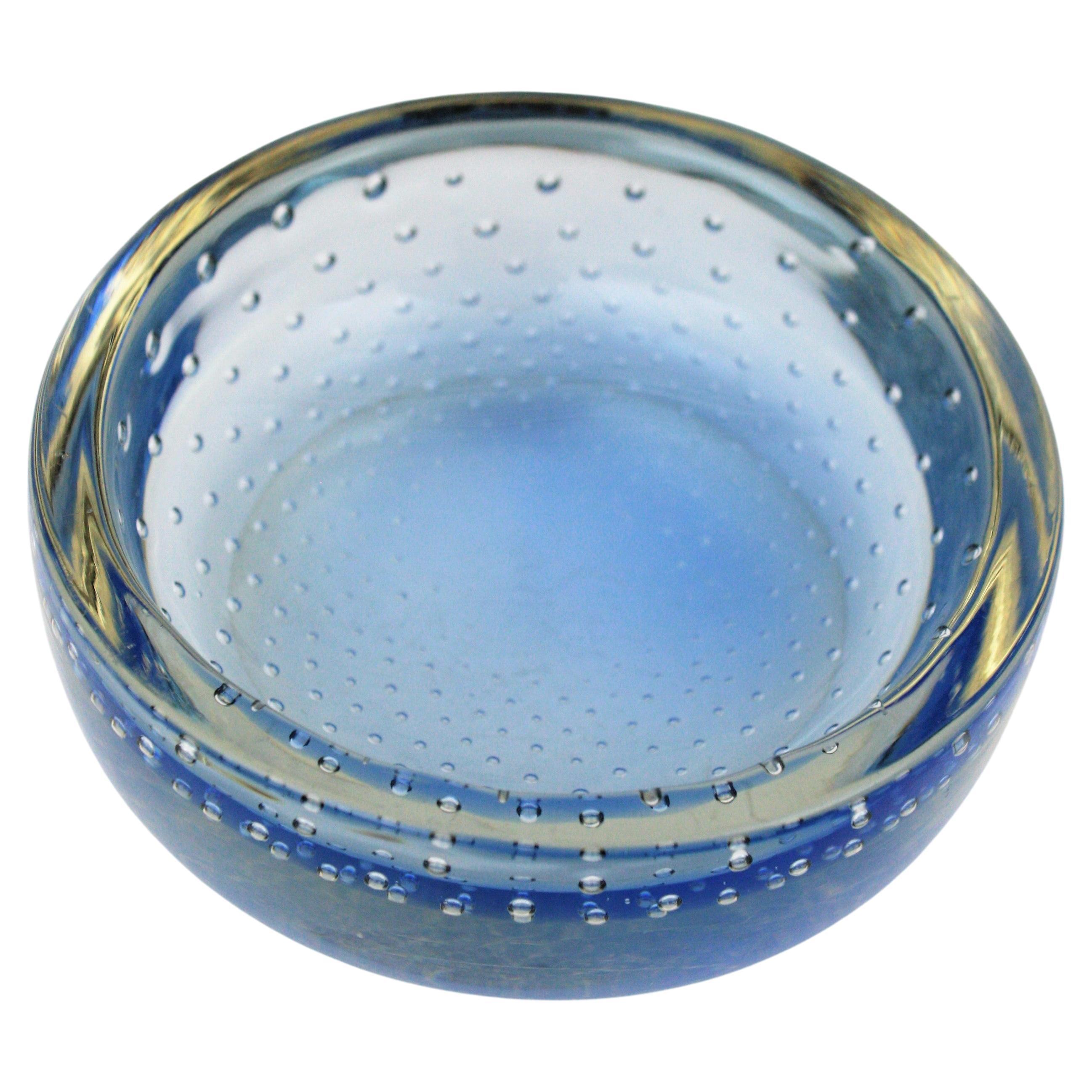Galliano Ferro Murano Blue Sommerso Bullicante Art Glass Bowl For Sale