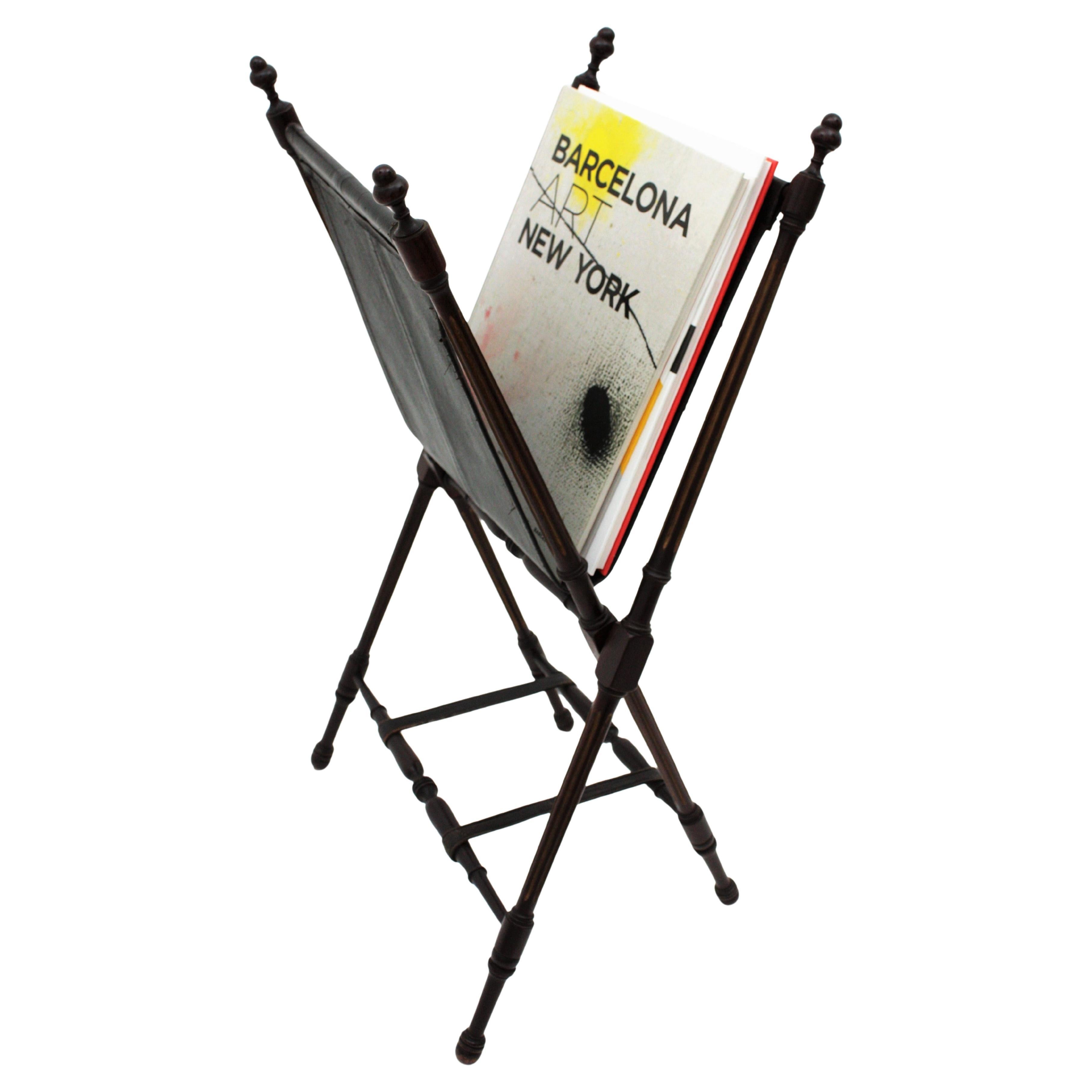 Portariviste pieghevole spagnolo in Wood Wood tornito e pelle nera