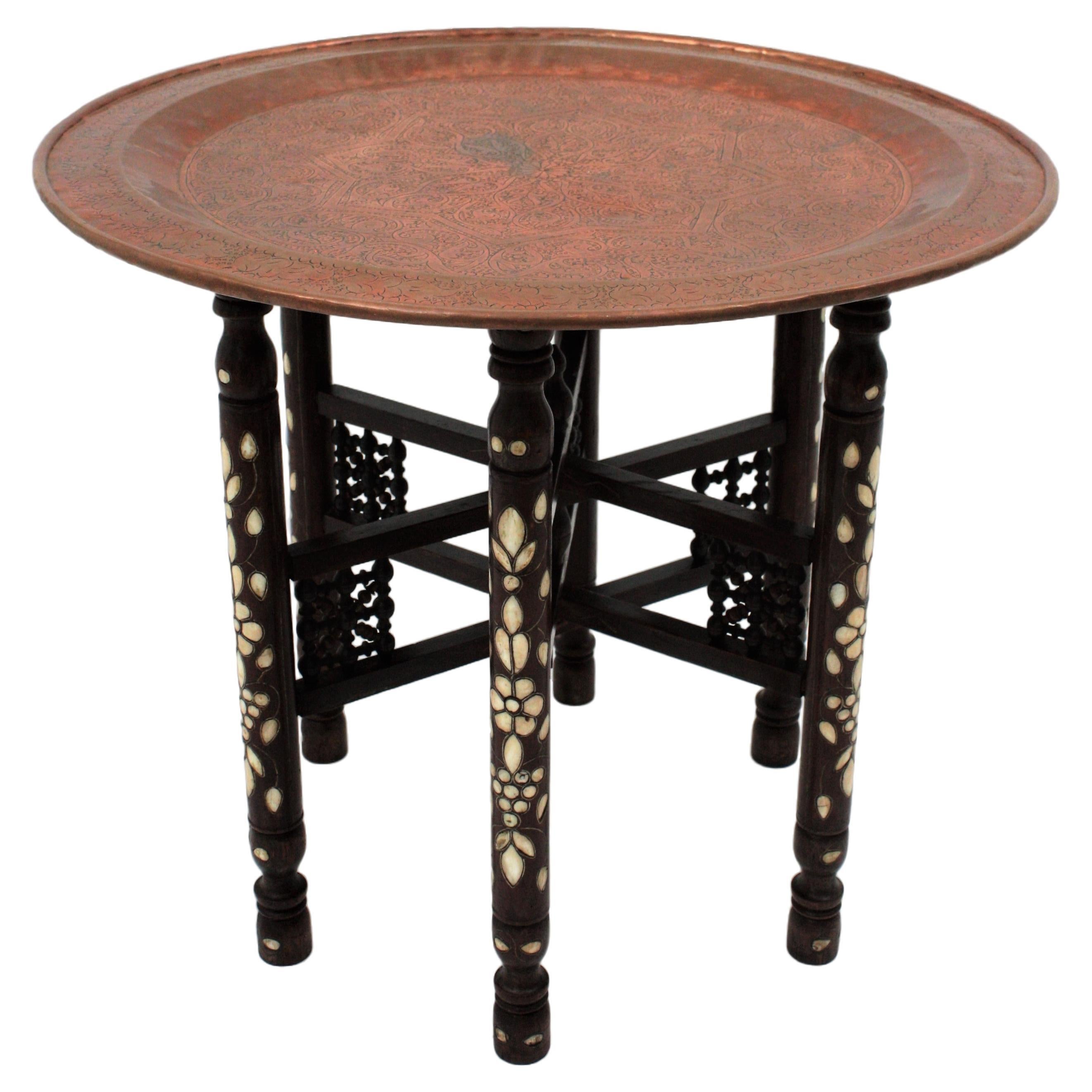 Moroccan Moorish Copper Tray Table with Folding Base