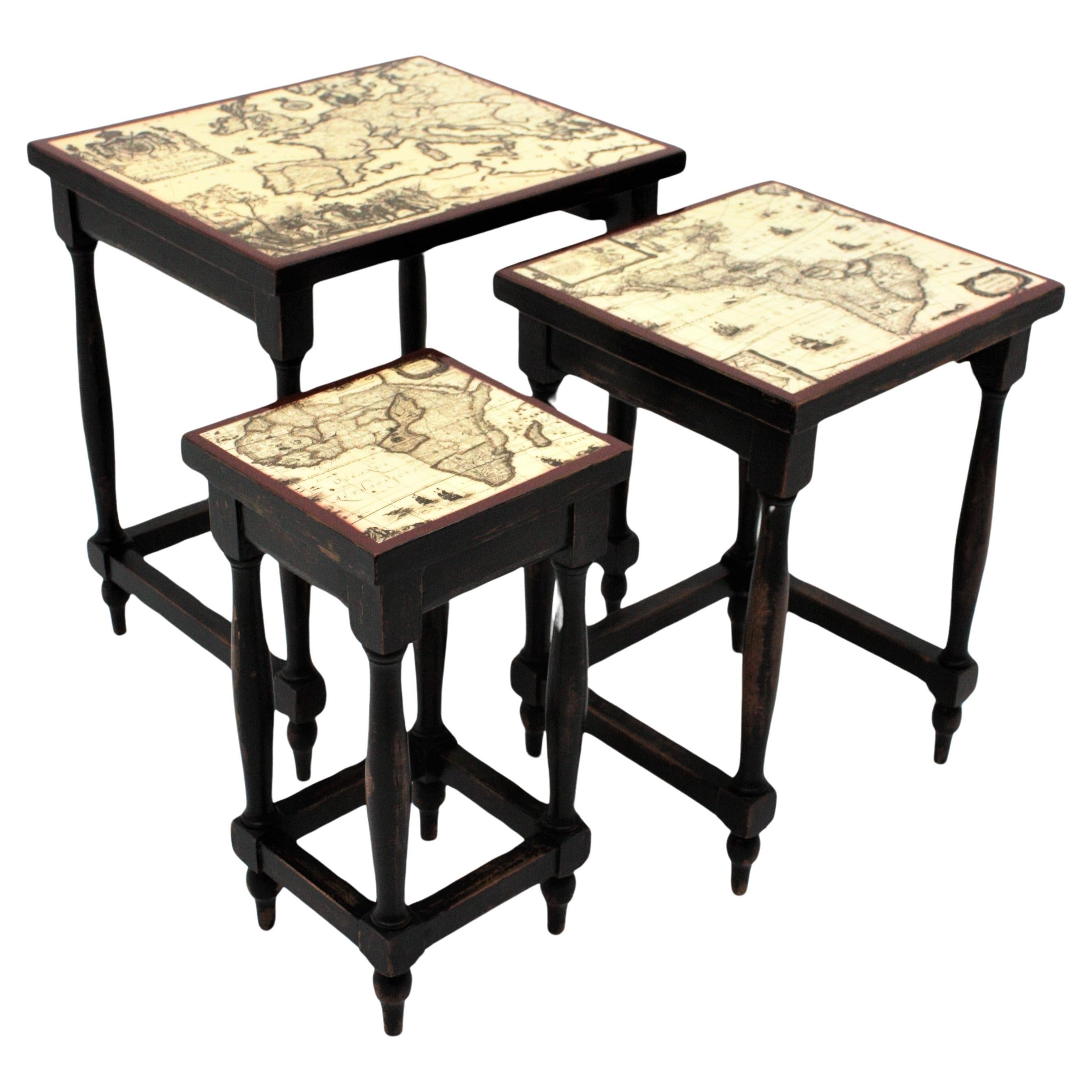 French Nesting Tables in Wood with Maps Tops, 1940s