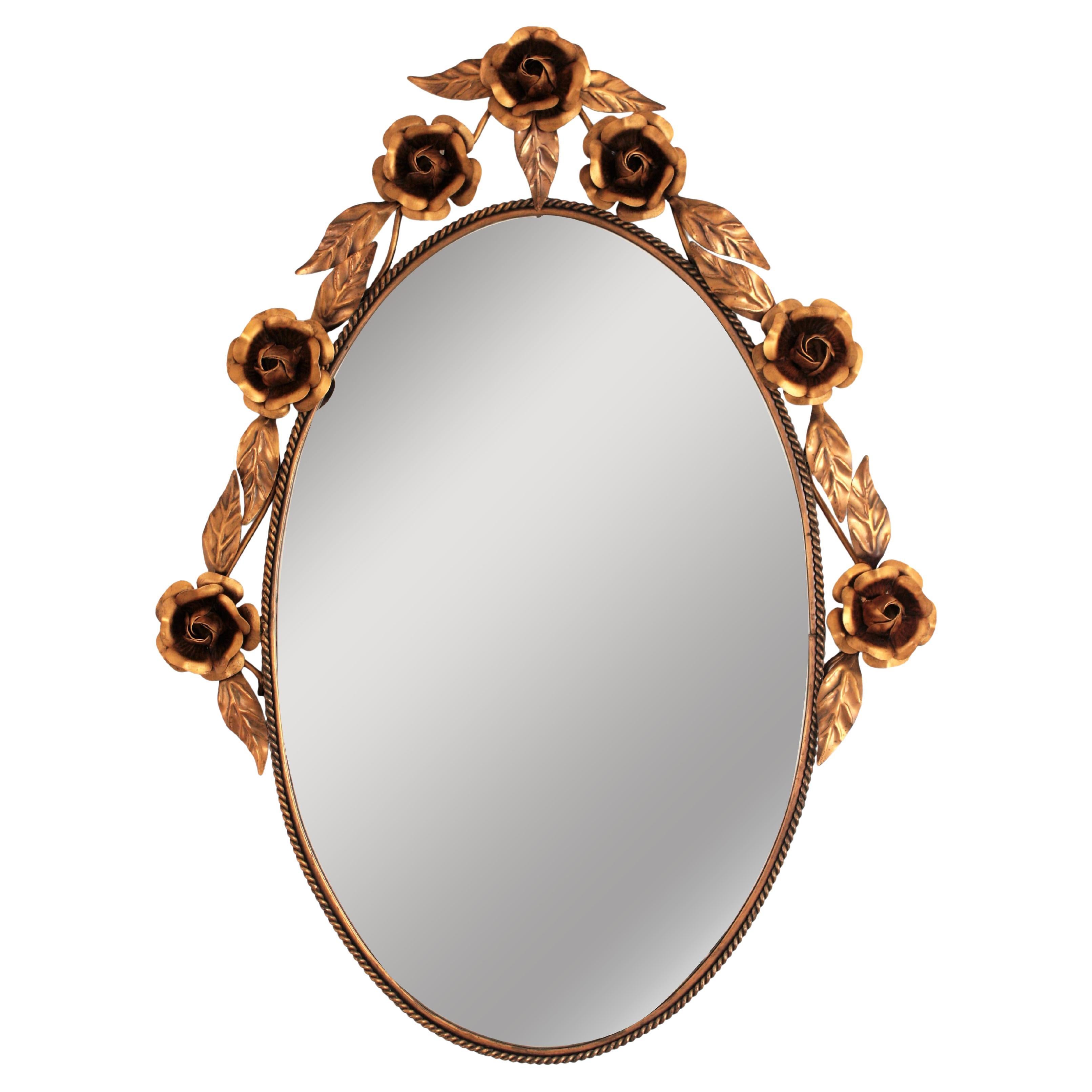Oval Floral Wall Mirror in Copper, 1960s