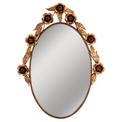 Spanish Oval Mirror with Foliage Floral Frame, Coppered Metal, 1960s