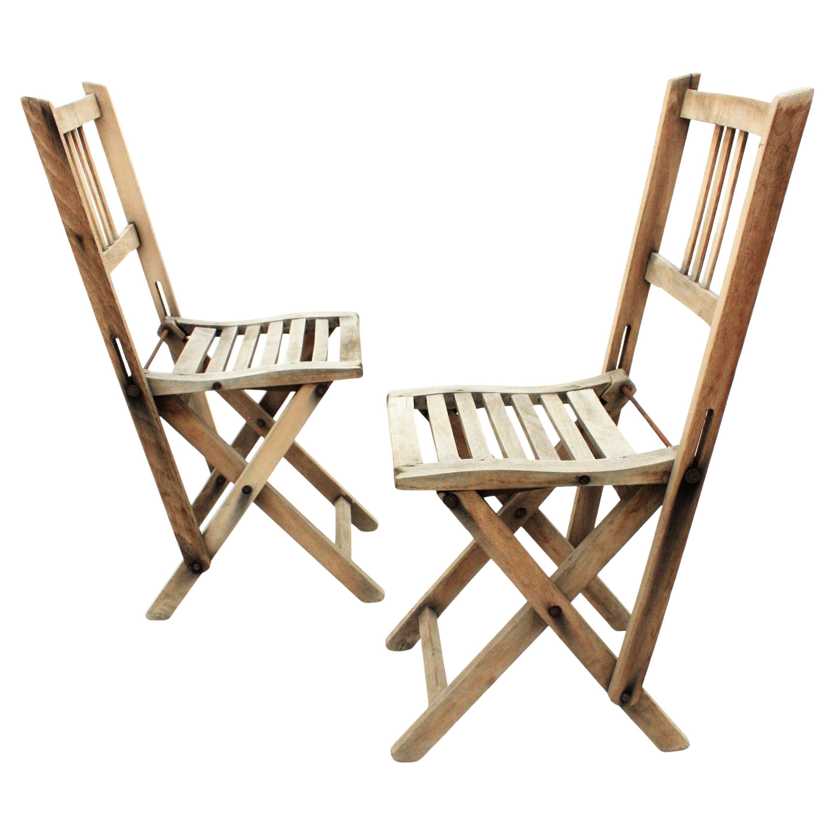 Pair of Child-Size Foldable Terrace Chairs in Natural Wood