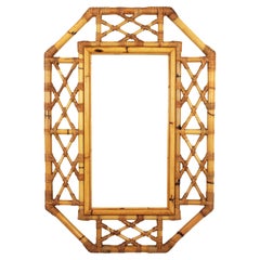 Midcentury Bamboo Rattan Mirror, Chinoiserie Tiki Style, Spain, 1960s