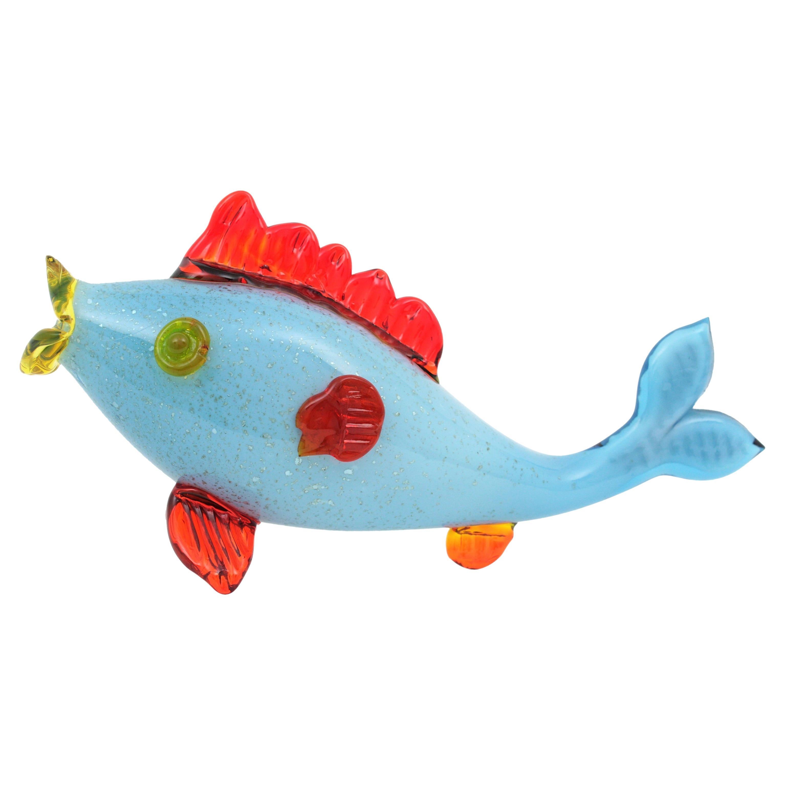 Murano Blue Red Art Glass Fish Figure with Silver Flecks For Sale