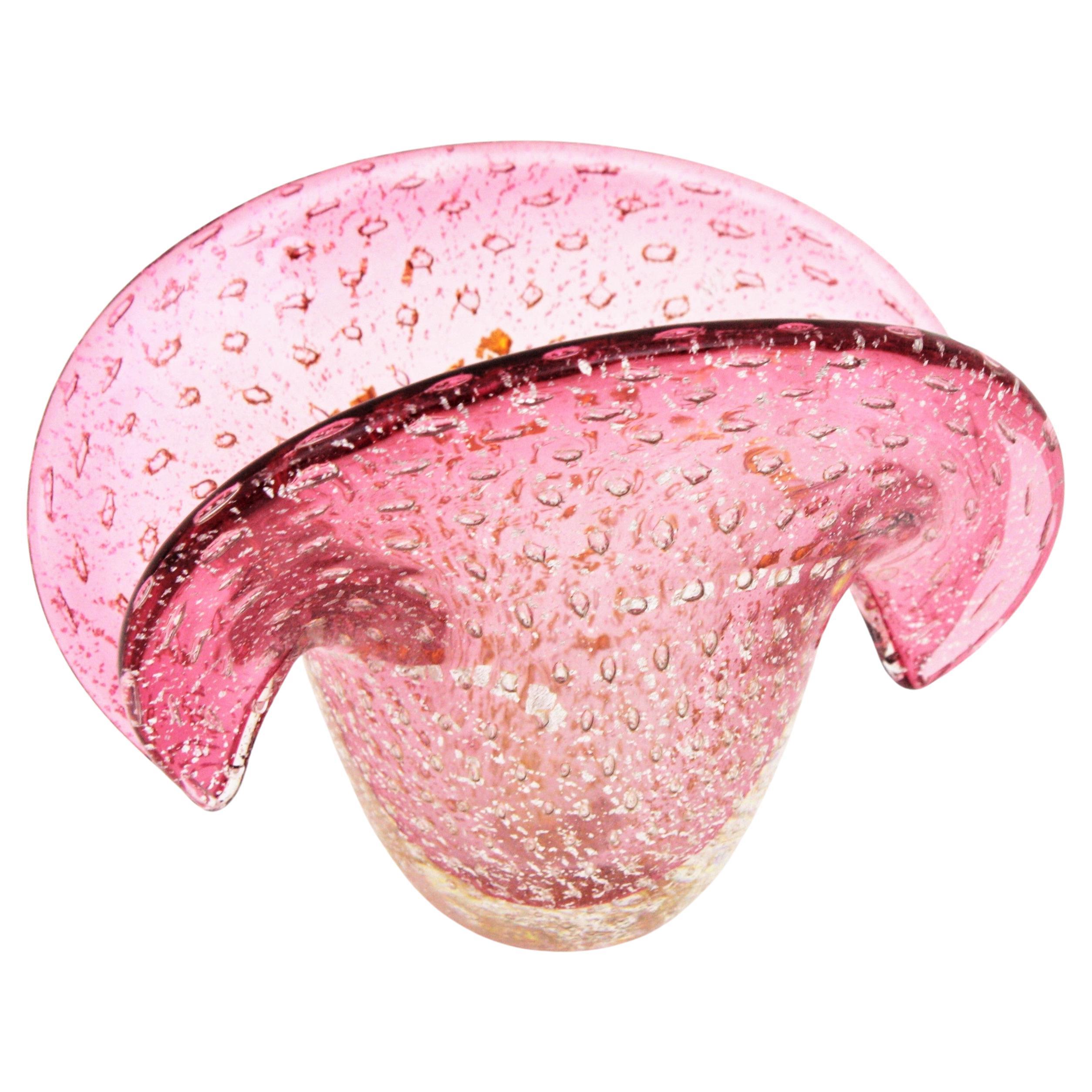 Archimede Seguso Pink Murano Glass Bullicante Clam Shell Bowl with Gold Flecks For Sale