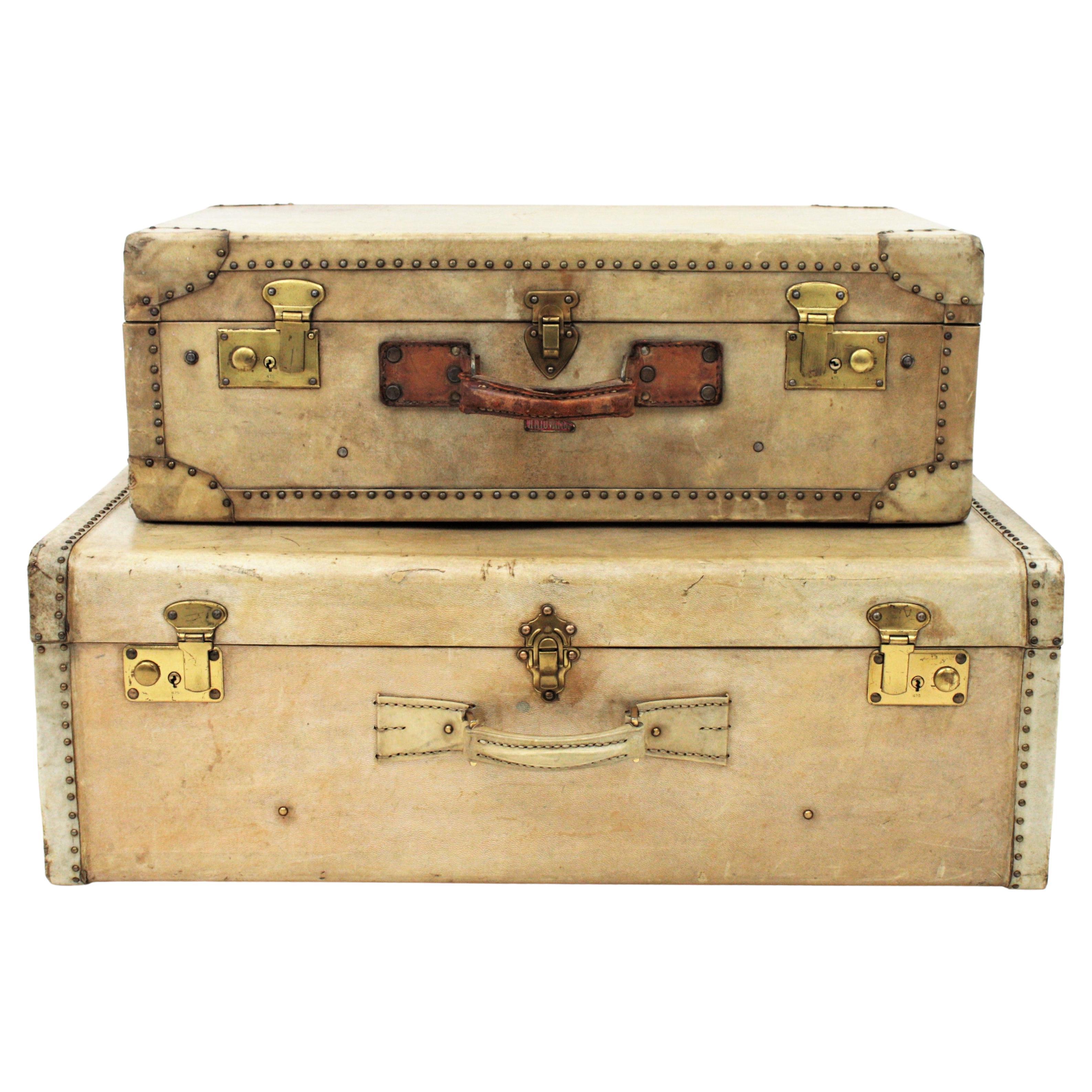 French Parchment / Vellum Suitcases as Side Table For Sale