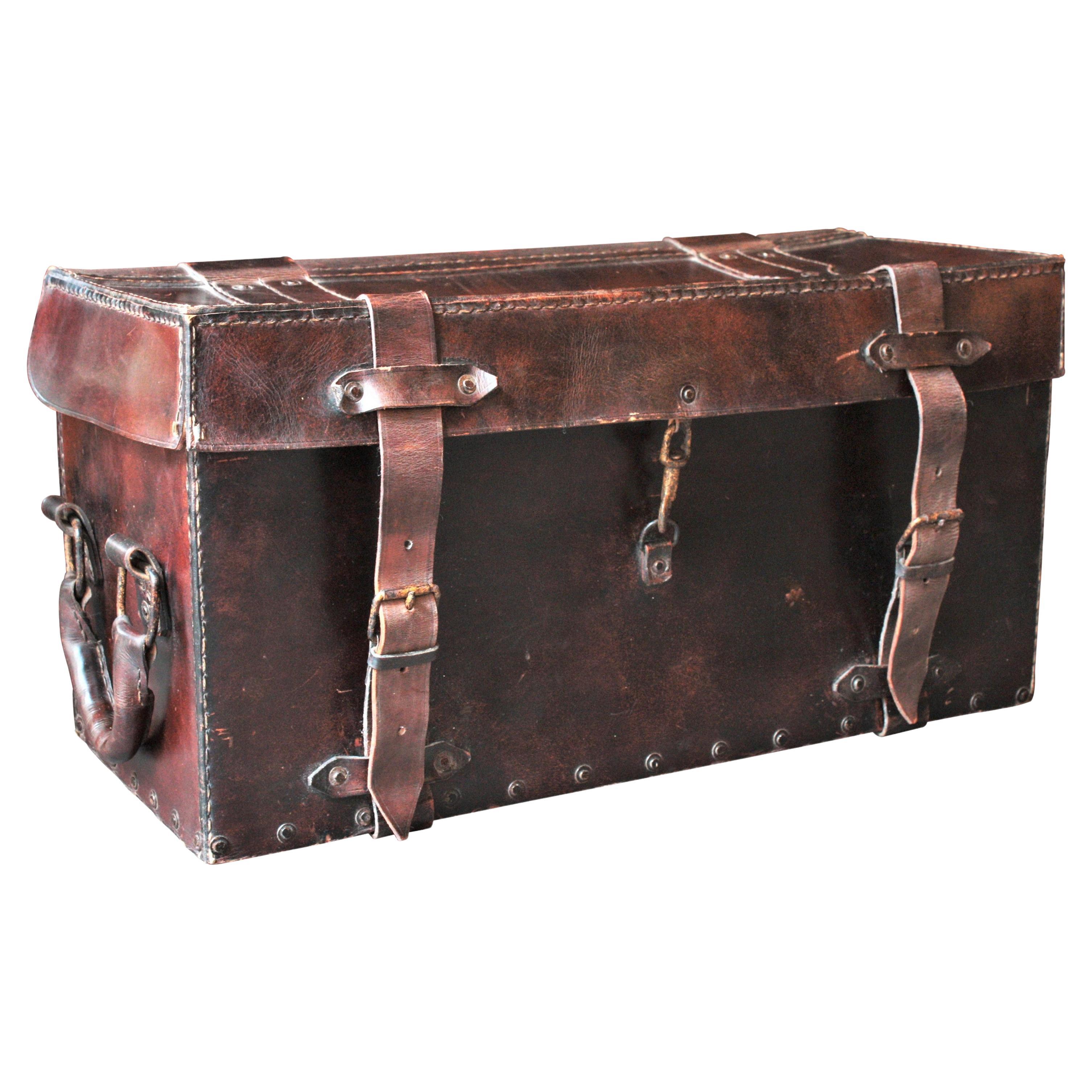 Leather Travel Trunk with Handles, France, 1940s For Sale