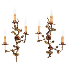 Vintage Pair of Foliage Floral Tole Wall Sconces in Polychromed Gilt Iron