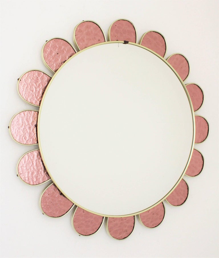 Midcentury Flower Burst Mirror with Pink Glass Petals at 1stDibs