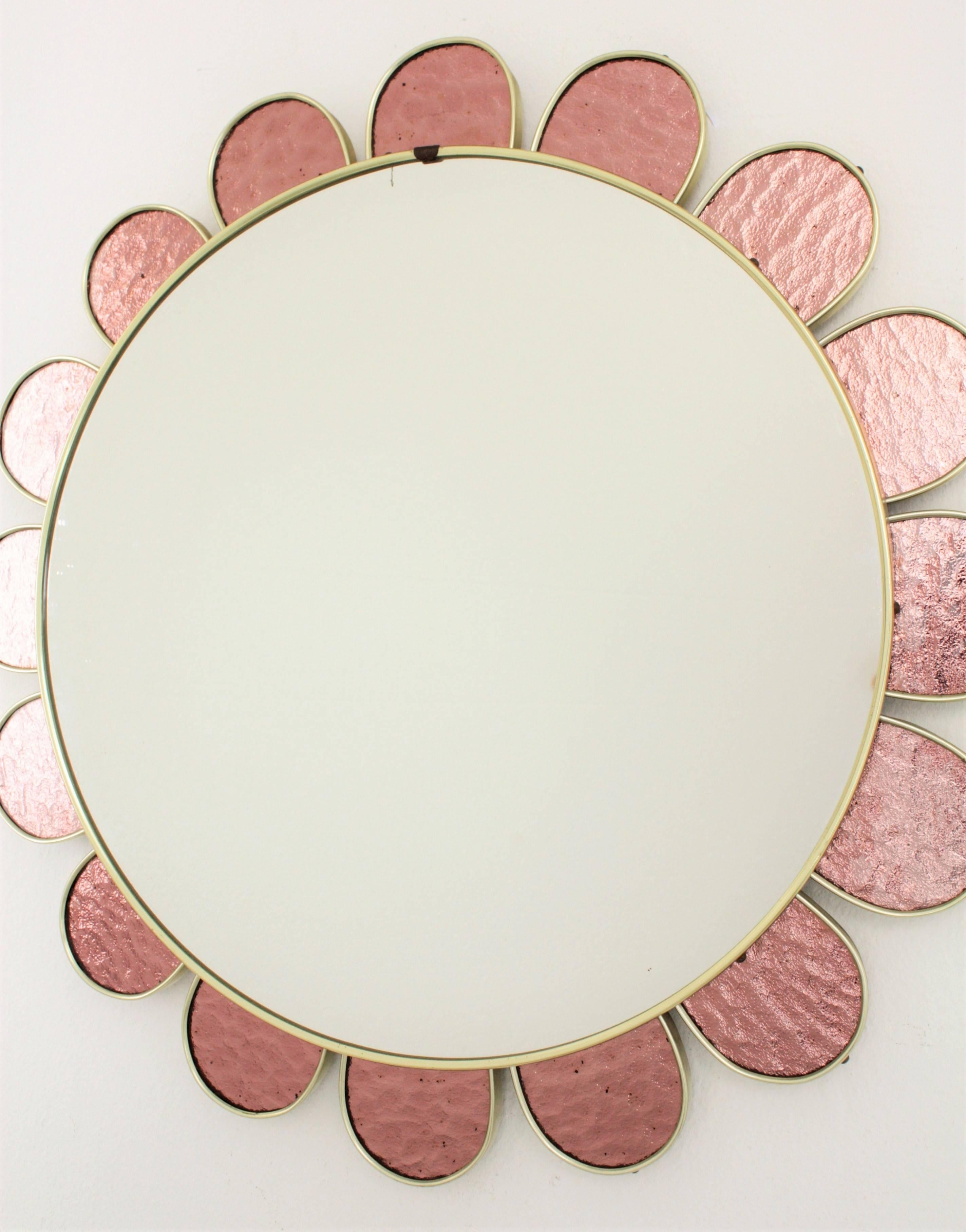 Mid-Century Modern Midcentury Flower Burst Mirror with Pink Glass Petals