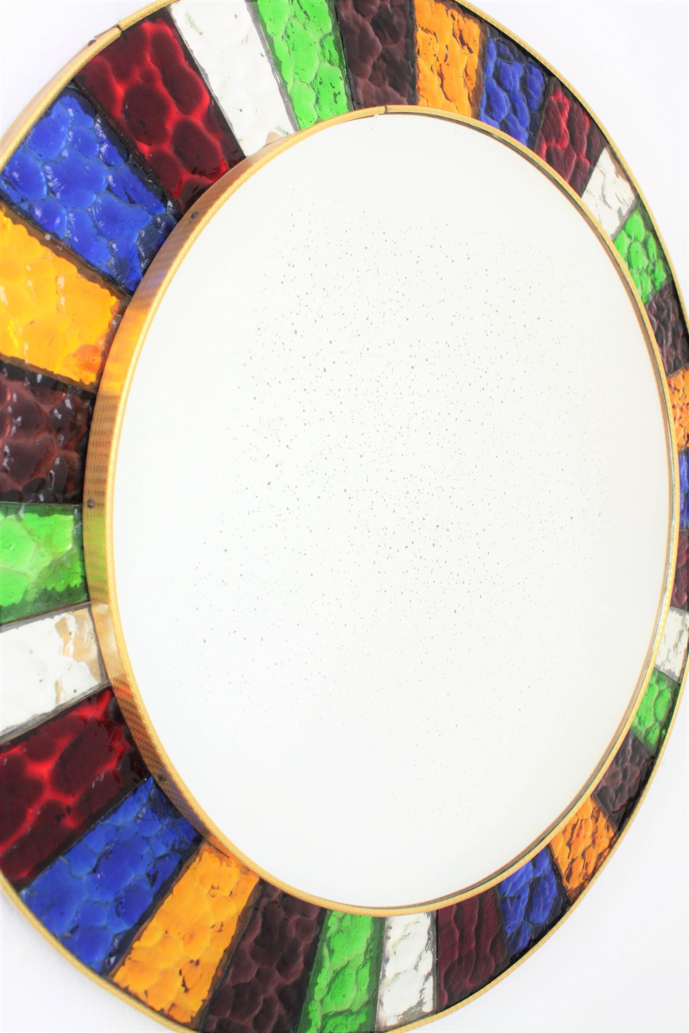 Mid-Century Modern Mid-20th Century Colorful Blue Red Green Gold Glass Framed Circular Mirror