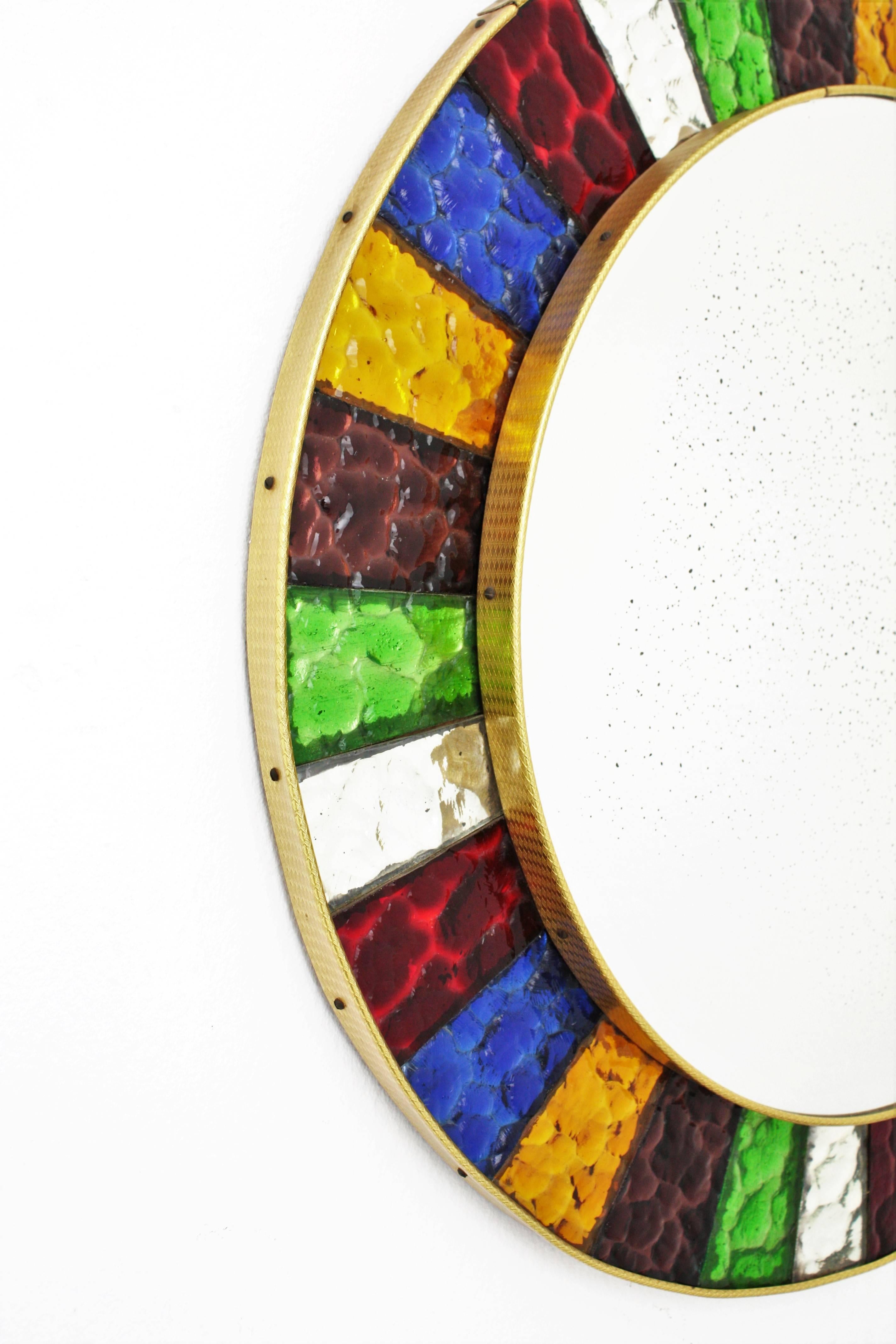 Mid-20th Century Colorful Blue Red Green Gold Glass Framed Circular Mirror In Excellent Condition In Barcelona, ES
