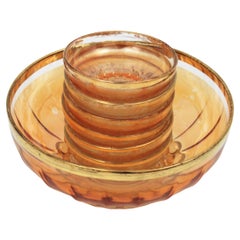 Amber Pattern Pressed Glass Gold Rim Bowls / Dessert Serving Set