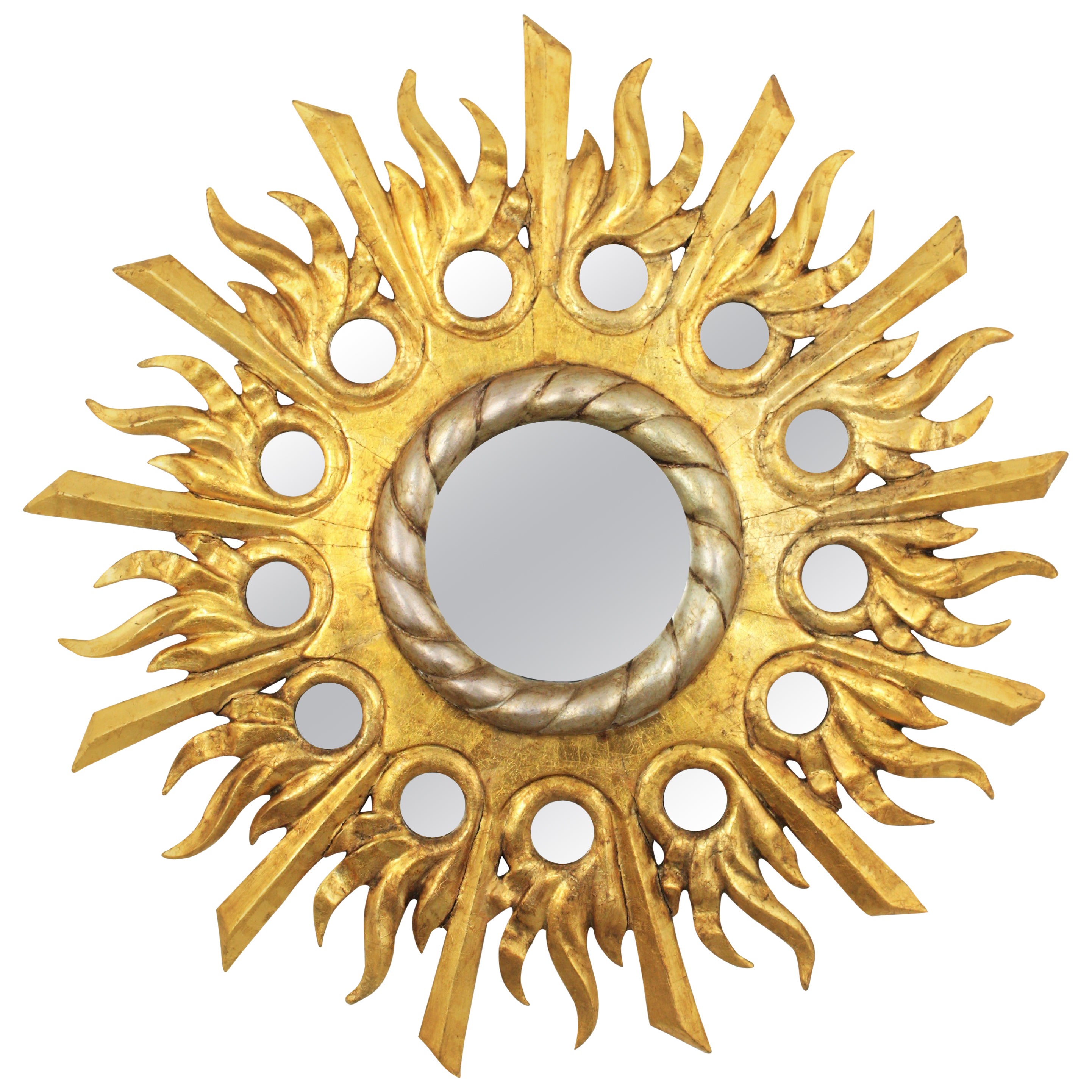 Gilt Silvered Sunburst Mirror in Carved Wood with Round Mirror Inlays
