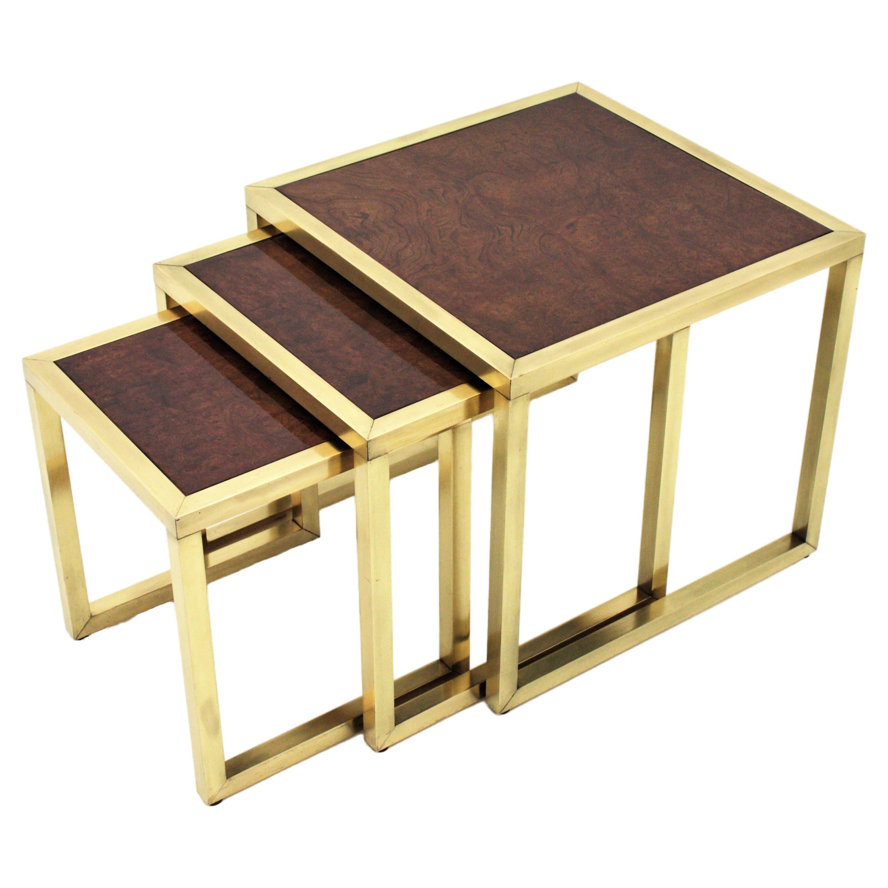 Milo Baughman Style Nesting Tables, Wood and Brass  For Sale