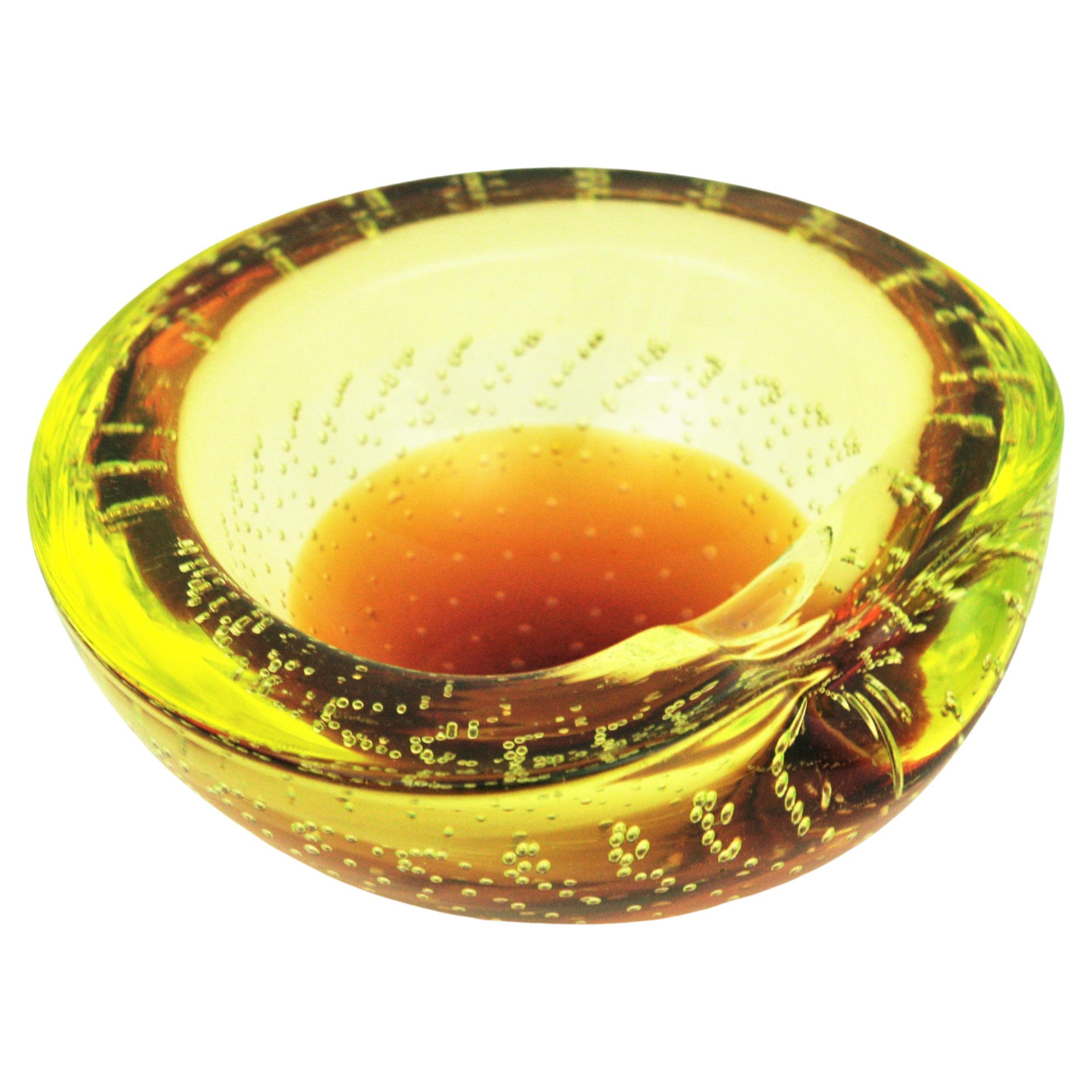 Galliano Ferro Murano Yellow Amber Bullicante Glass Bowl / Ashtray For Sale