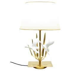 French Midcentury Brass Table Lamp with Flying Birds Motif