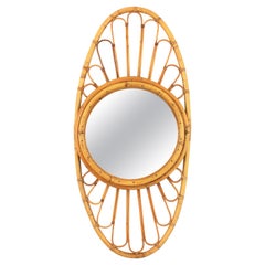 Bamboo Rattan Large Oval Mirror, Spain, 1960s