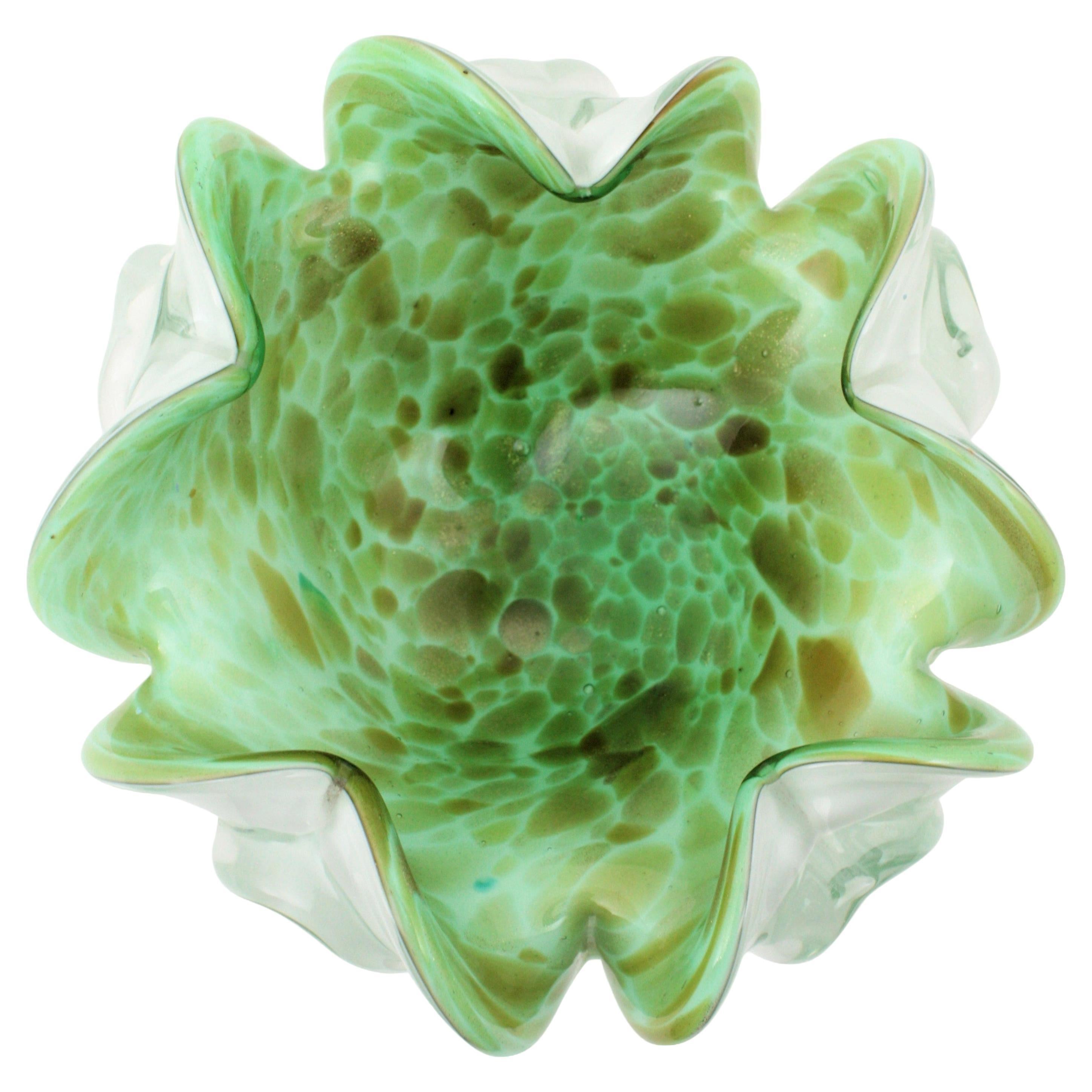 Midcentury Toso Murano Copper Flecks Green & White Italian Art Glass Bowl