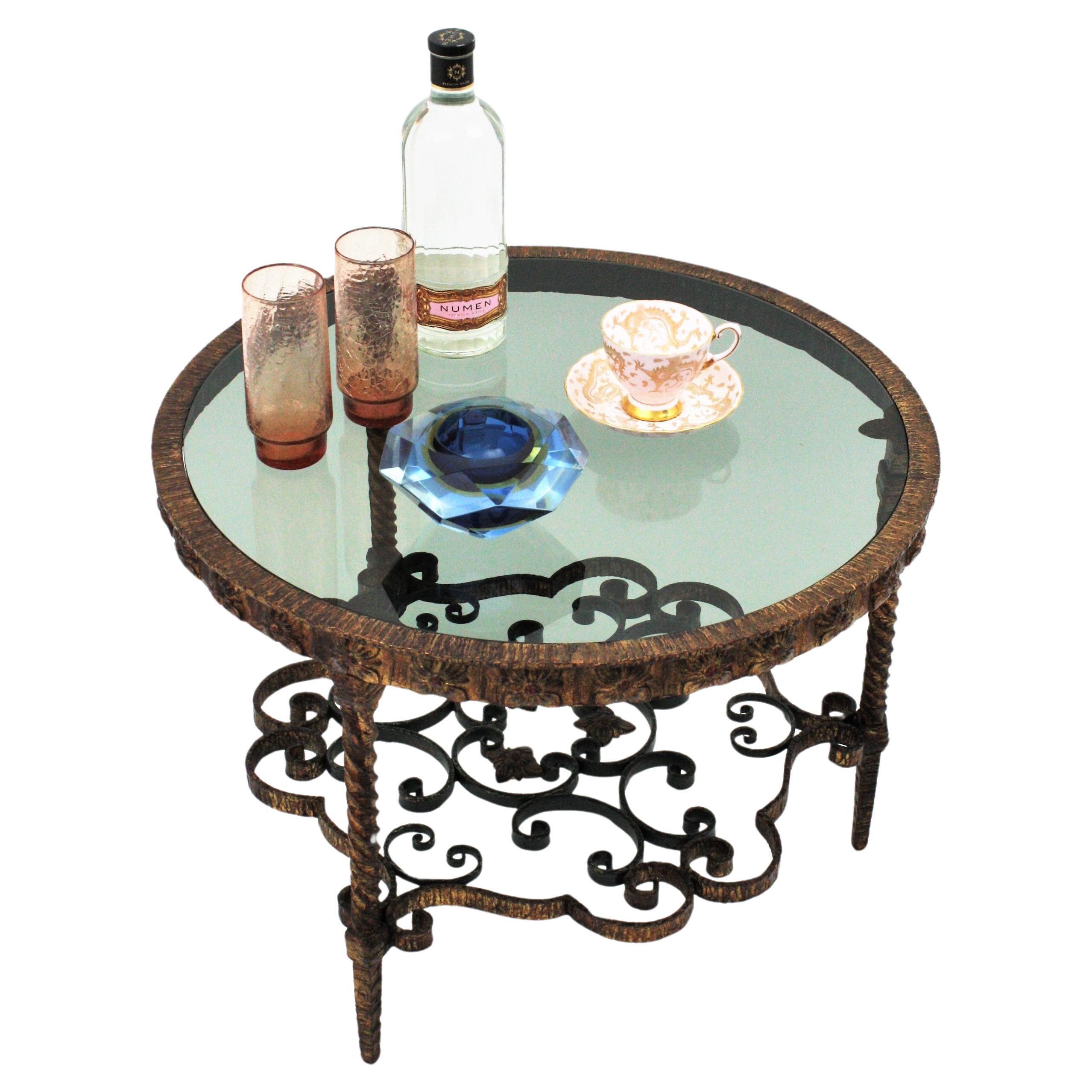 Spanish Gilt Wrought Iron Coffee Table with Smoked Glass Top For Sale