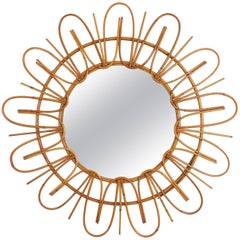 Rattan Sunburst Flower Shaped Mirror , French Riviera 